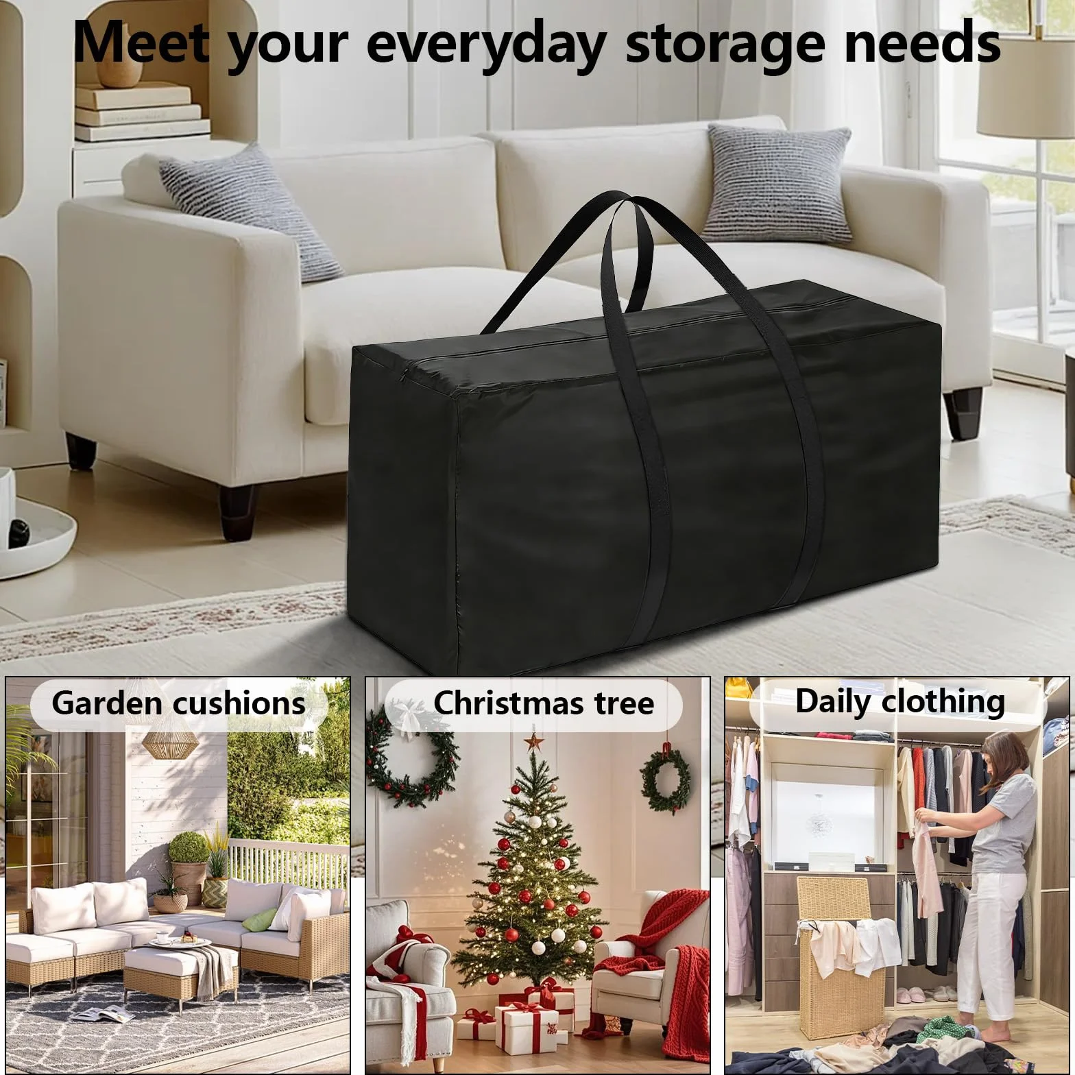 Sac de Rangement pour Coussin de Jardin Grand Format Tissu Oxford Noir avec Poignées Renforcées