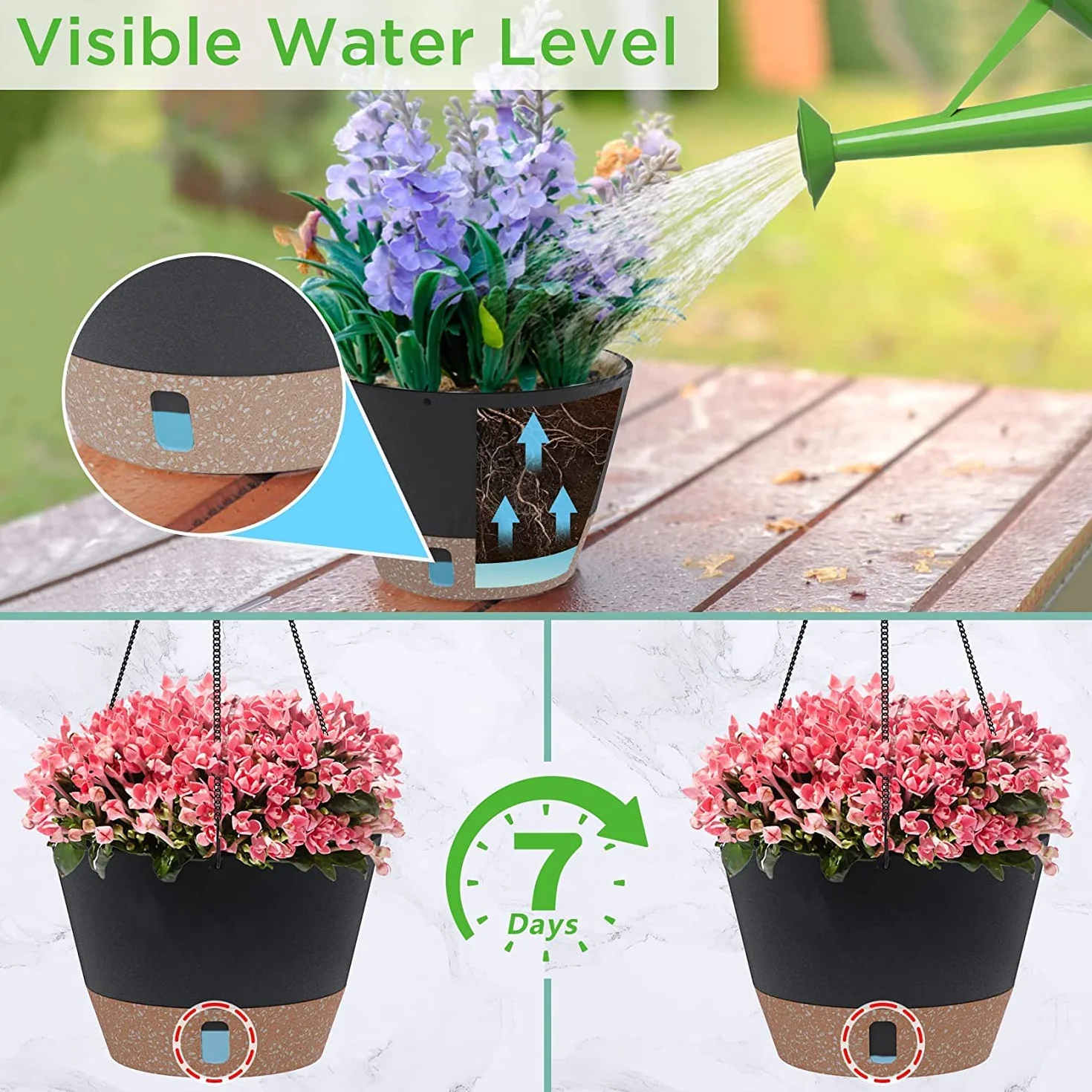 LATERN 3 Pièces Pot de Fleurs Suspendu en Plastique 25cm Arrosage Automatique avec Plateau de Niveau d'Eau Visible