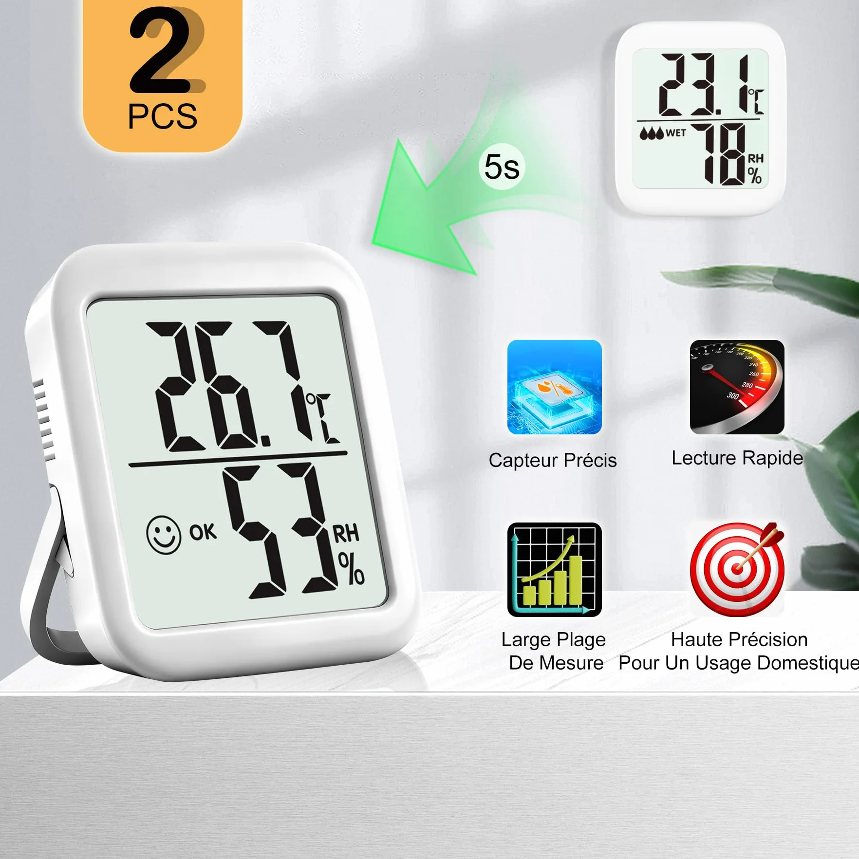 Antonki 2 Pièces Hygromètre Intérieur Thermomètre Moniteur Température Humidité pour Maison Chambre Bureau Couveuse Plantes Reptiles Batterie Incluse