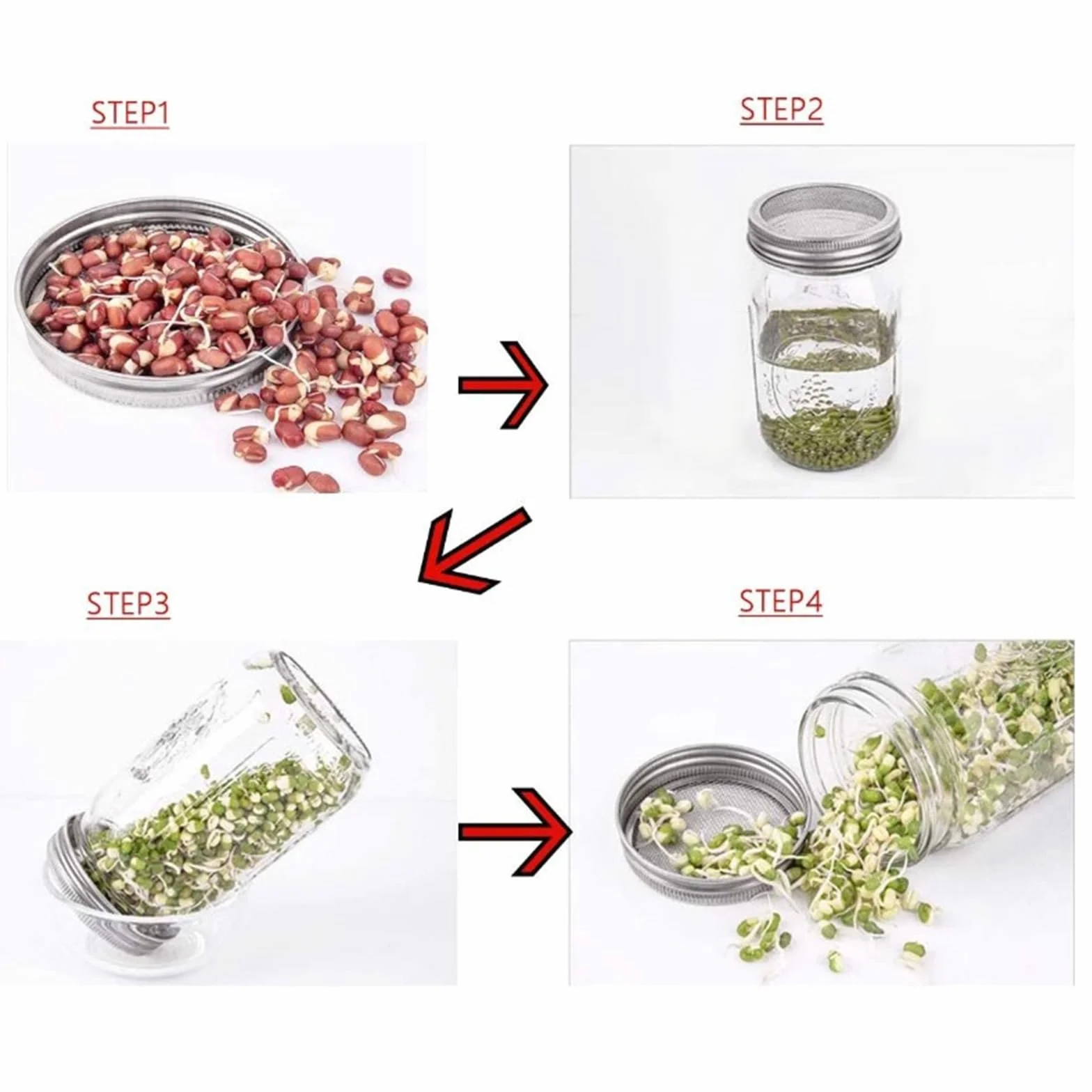 APACALI Lot de 2 bocaux à germer 1000 ml avec couvercles à échelons, support en acier inoxydable pour culture de germes