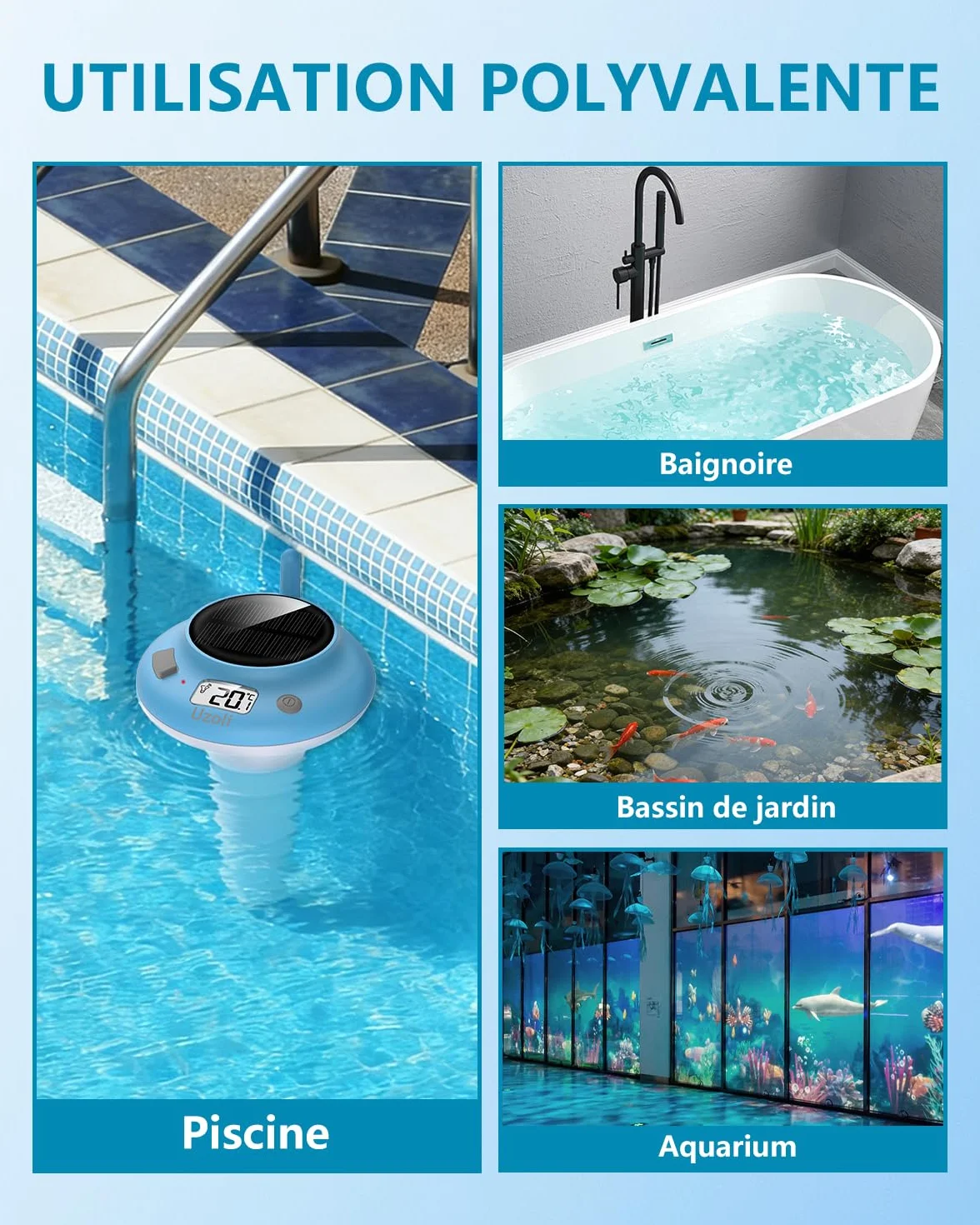 Thermomètre piscine flottant IPX7 recharge USB solaire EM777UC sans fil jacuzzi