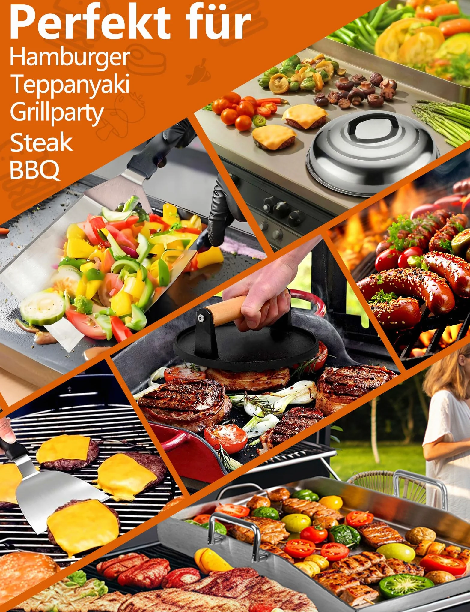 Kit Ustensiles Barbecue 4 pièces avec Presse Burger Fonte et Spatules Coudée Acier Inoxydable Cloche Plancha Smash Burger Press Set BBQ