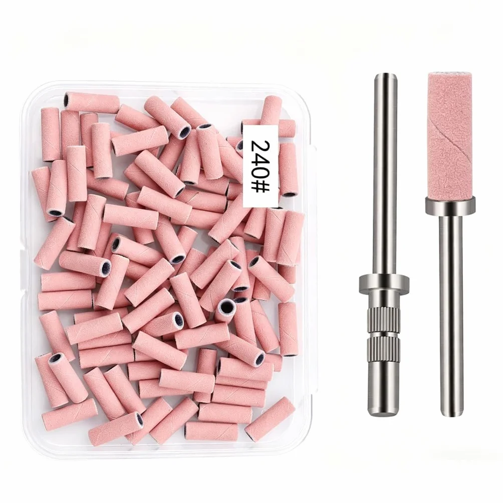 100 Pcs Embout Ponceuse Ongles Grain 240 Rose avec 2 Mandrins, Embout Emeri Professionnel pour Manucure Pédicure, Bandes de Ponçage pour Nail Prep et Finition, Compatible avec Ponceuse Ongles Standard