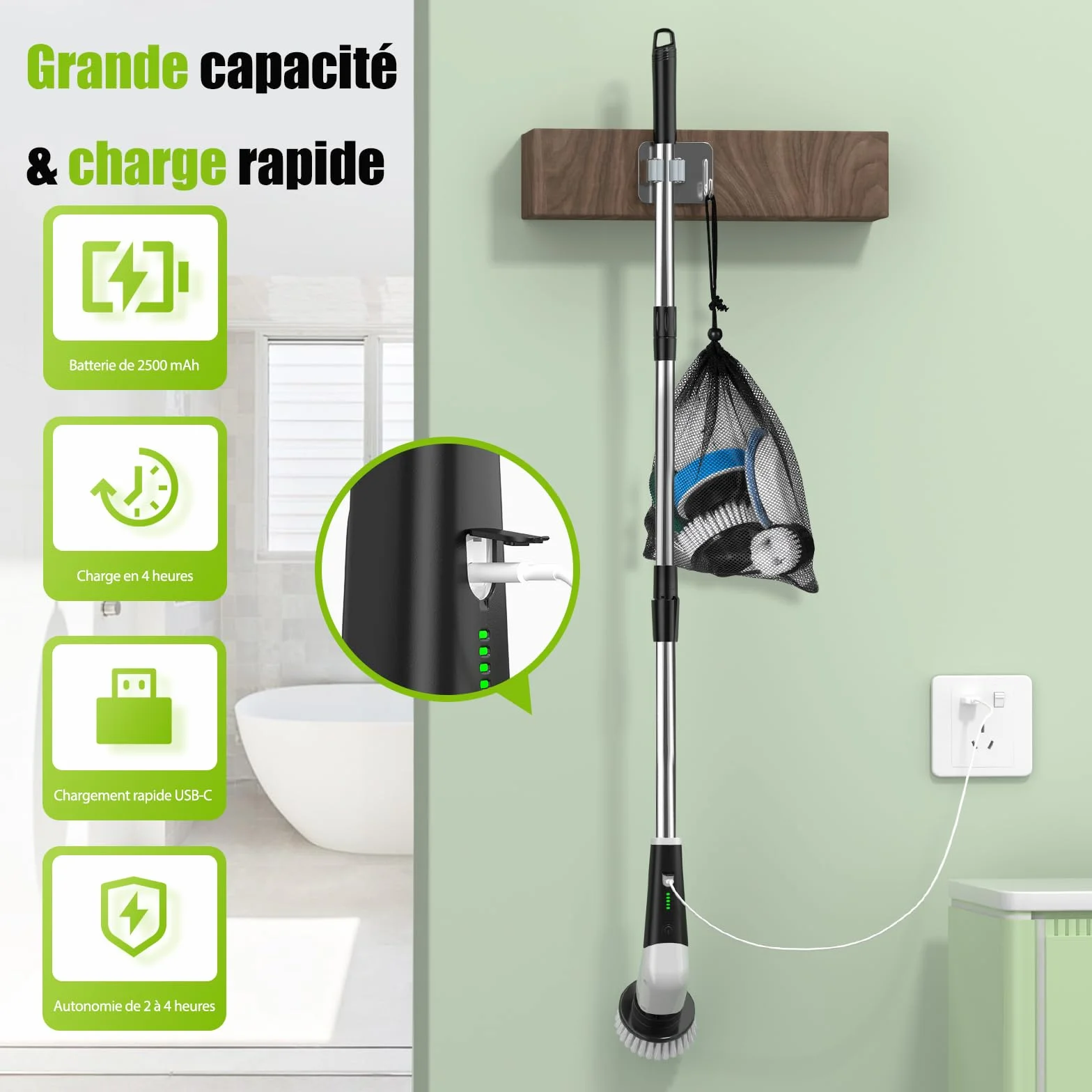 YKYI Brosse électrique Nettoyage rotative avec 8 têtes, Manche Extensible, 2 Vitesses, Batterie 2500mAh, étanche IPX7 – Brosse Nettoyage Salle de Bain et Cuisine