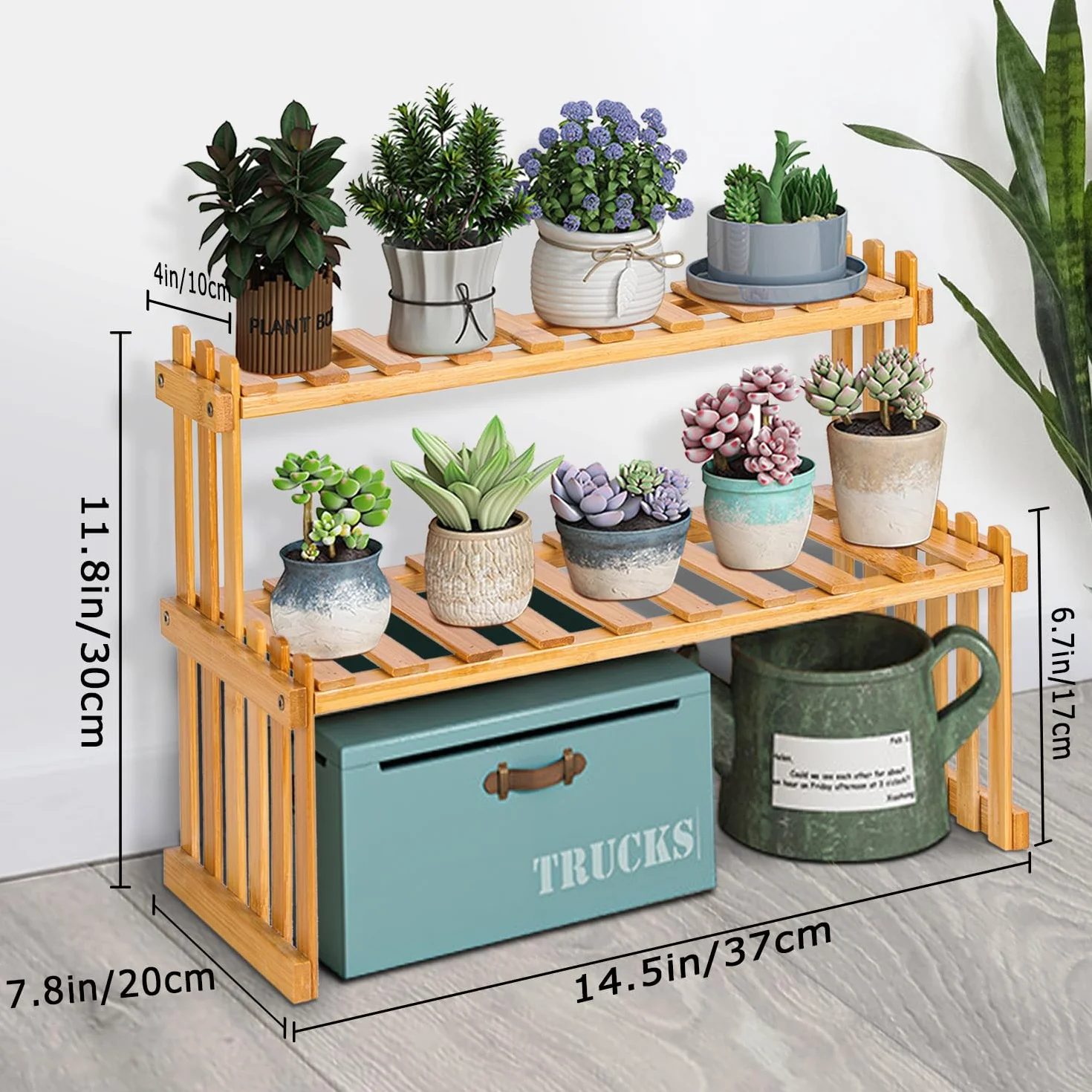 Étagère en bambou 2 niveaux pour plantes grasses 40 cm support multi-plantes organisateur bureau