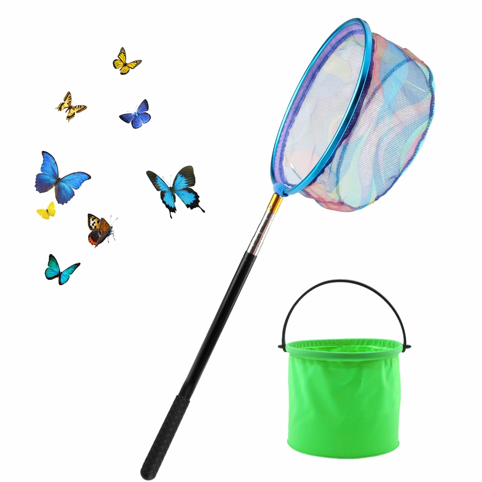 Épuisette Pêche Acier Inoxydable Filet Papillon Rétractable 66-173cm avec Seau Pliant