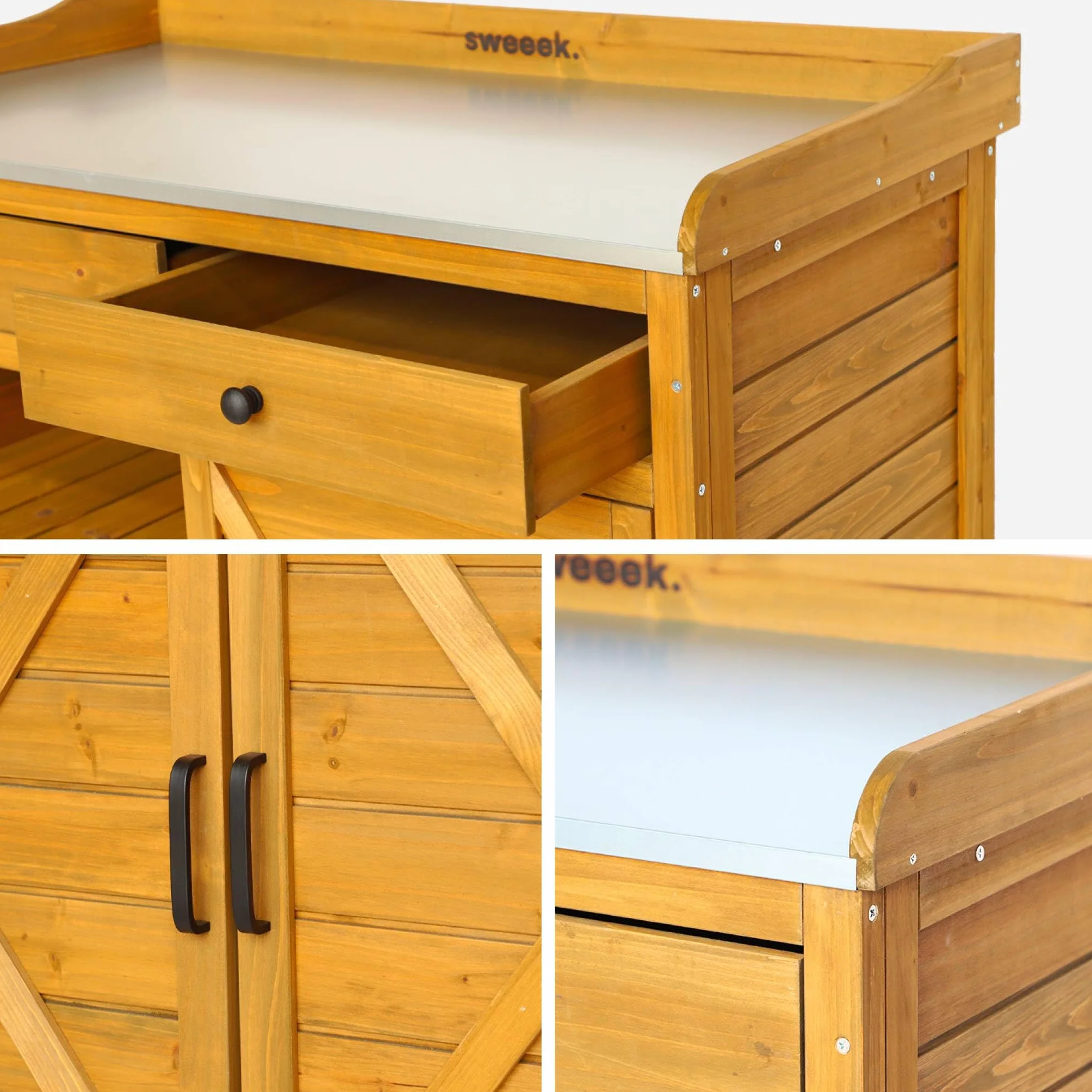 Sweeek Meuble de Rangement Table de Repiquage Bois 2 Portes 2 Tiroirs 102 x 52.8 x 103.5 cm