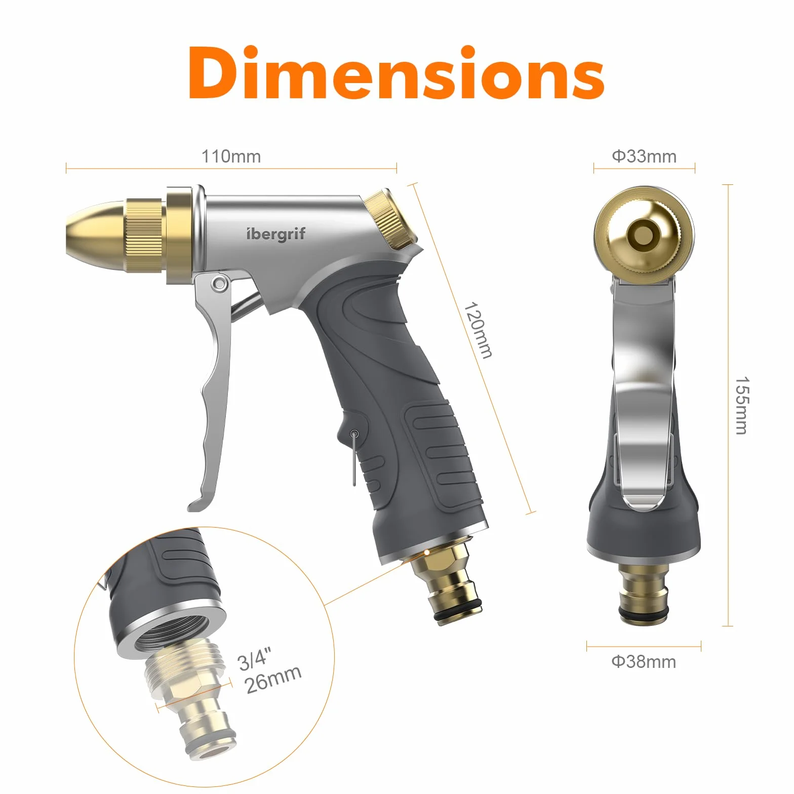 Ibergrif M20284 Pistolet d'arrosage avec buse en laiton 4 modes