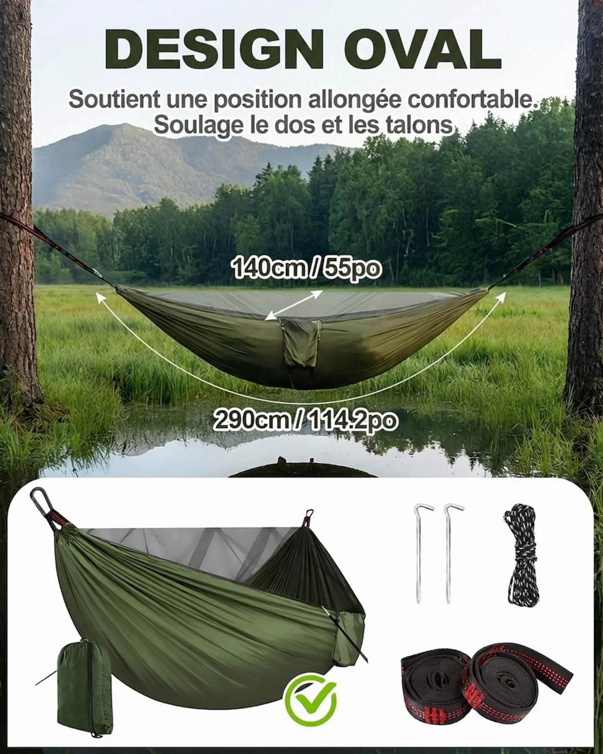 Hamac de Camping 290x140 cm avec Moustiquaire, Capacité 300kg, Nylon Parachute 210T, Léger