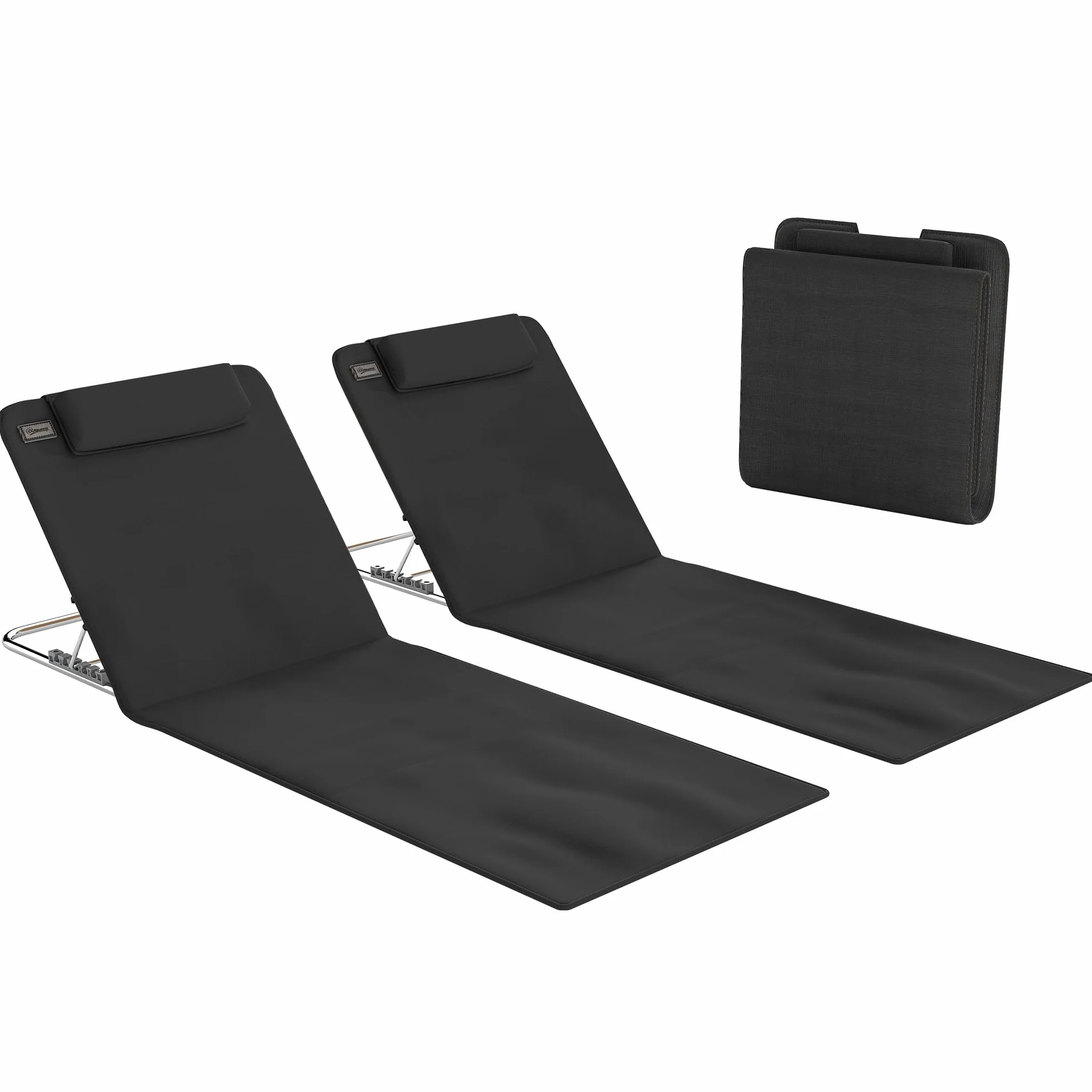 Outsunny Lot de 2 Tapis de Plage rembourré avec Dossier inclinable Multi-Positions et Sac Transport - Métal Polyester PE Noir