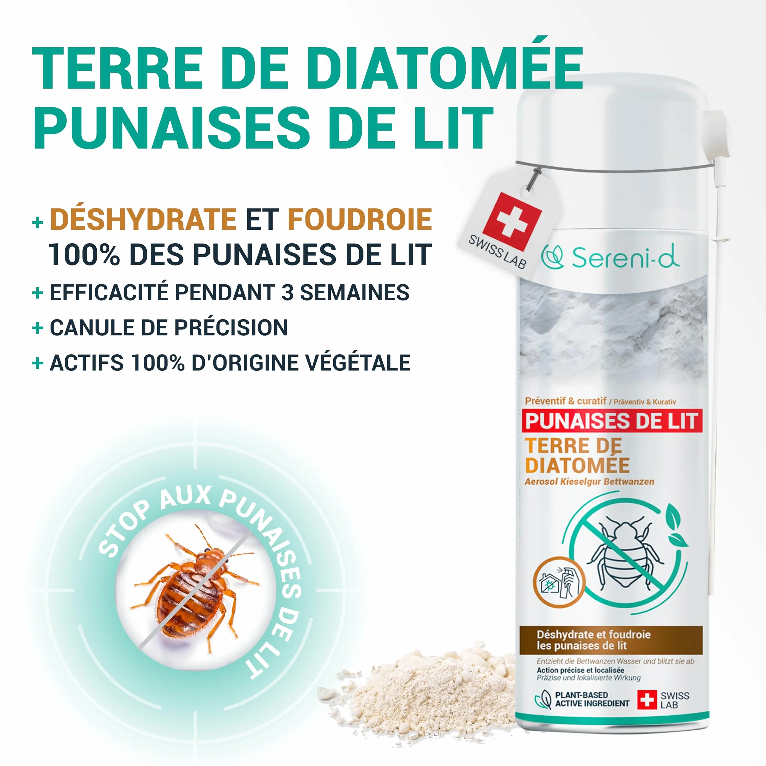 TERRE DE DIATOMÉE AÉROSOL ANTI PUNAISES DE LIT SWISS LAB 100% NATURELLE ACTION IMMÉDIATE