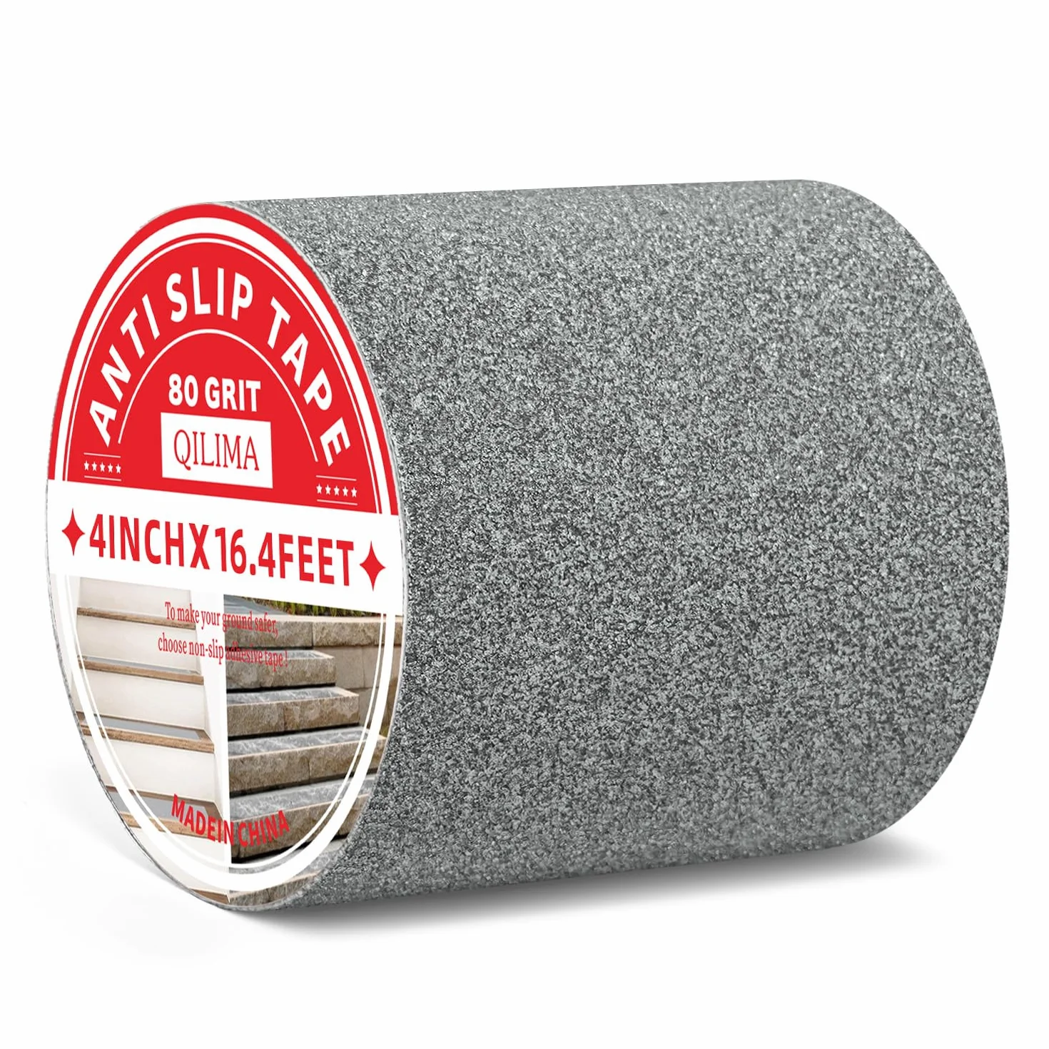 QILIMA Ruban Antidérapant Gris 10cm x 5m, Bande de Préhension à Texture Améliorée, Ruban Adhésif Imperméable à Haute Traction pour Sécurité des Marches d'Escalier, Intérieur et Extérieur