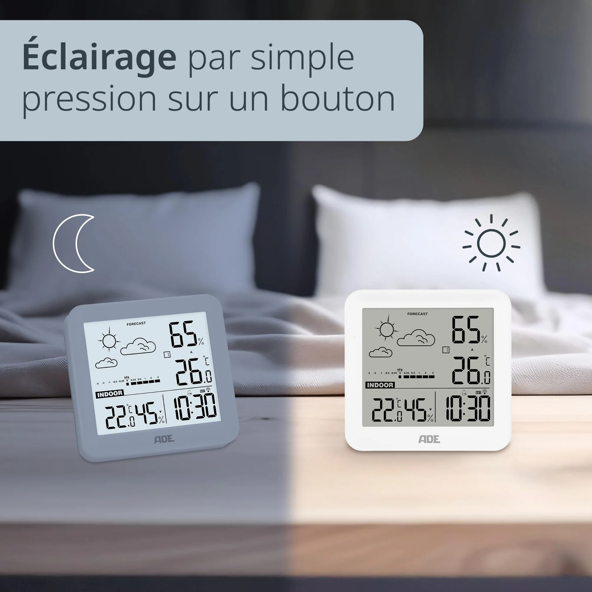 ADE Petite station météo numérique avec capteur extérieur, prévisions météo, température, humidité, horloge radiopilotée, réveil, blanc