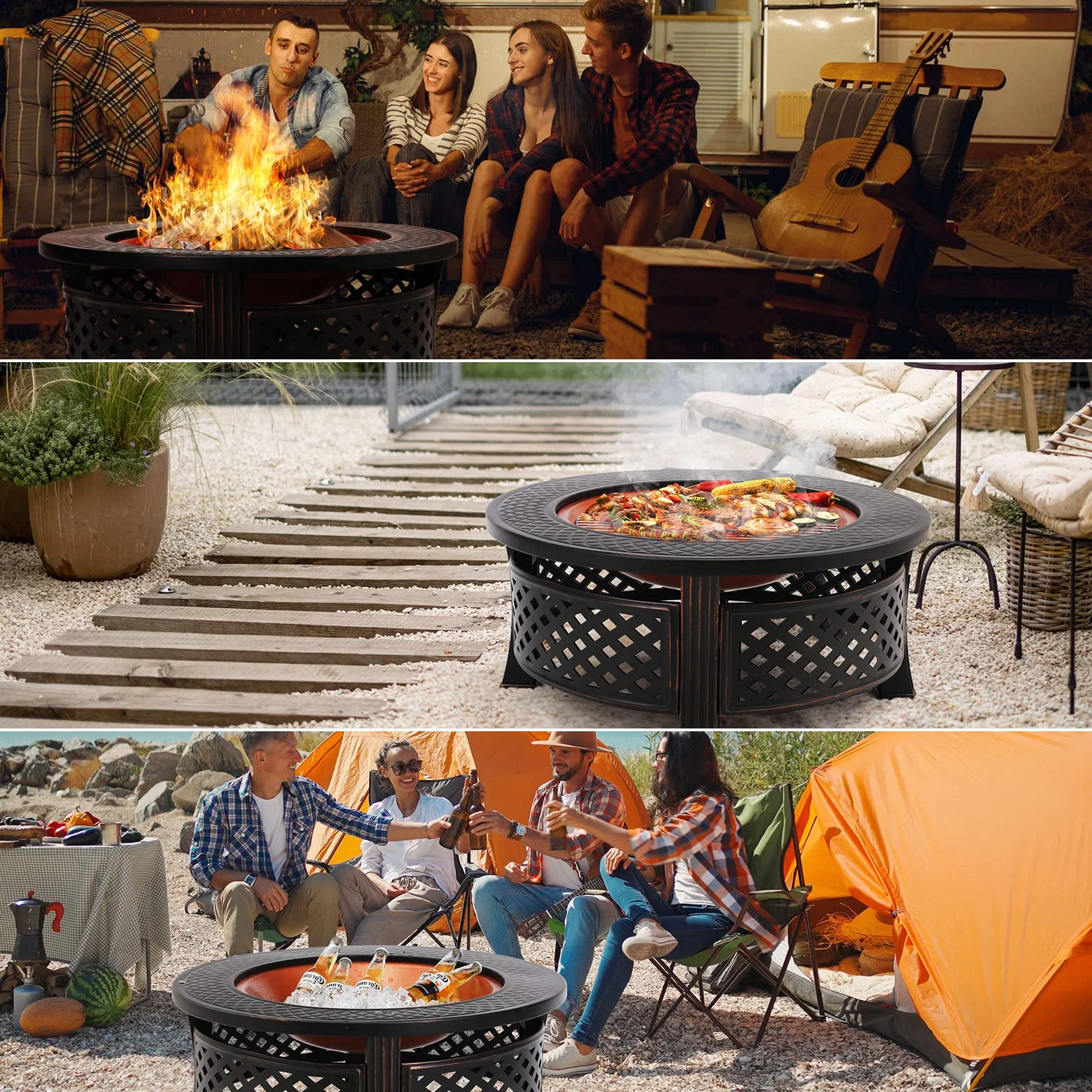 TLSUNNY Braséro Barbecue Extérieur 3 en 1 80x80x50 cm avec Housse Protection Grillage BBQ Galvanisé