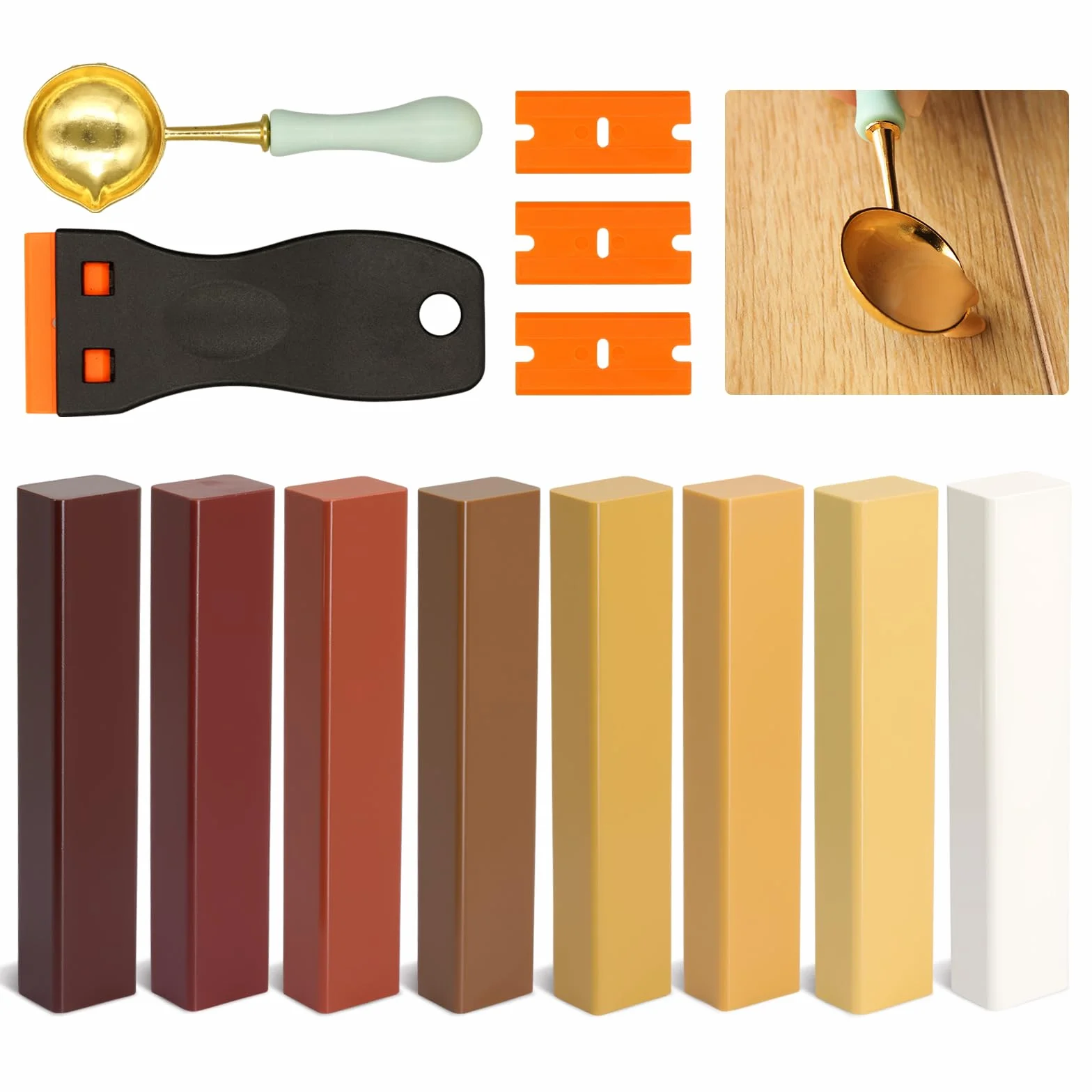 Kit Reparation Parquet 8 Couleurs Brun, Pate a Bois, Pate a Bois Rebouchage, Pâte à Bois, Parquet Stratifié pour Réparer les Rayures, Fissures et Trous sur le Stratifié et le Bois
