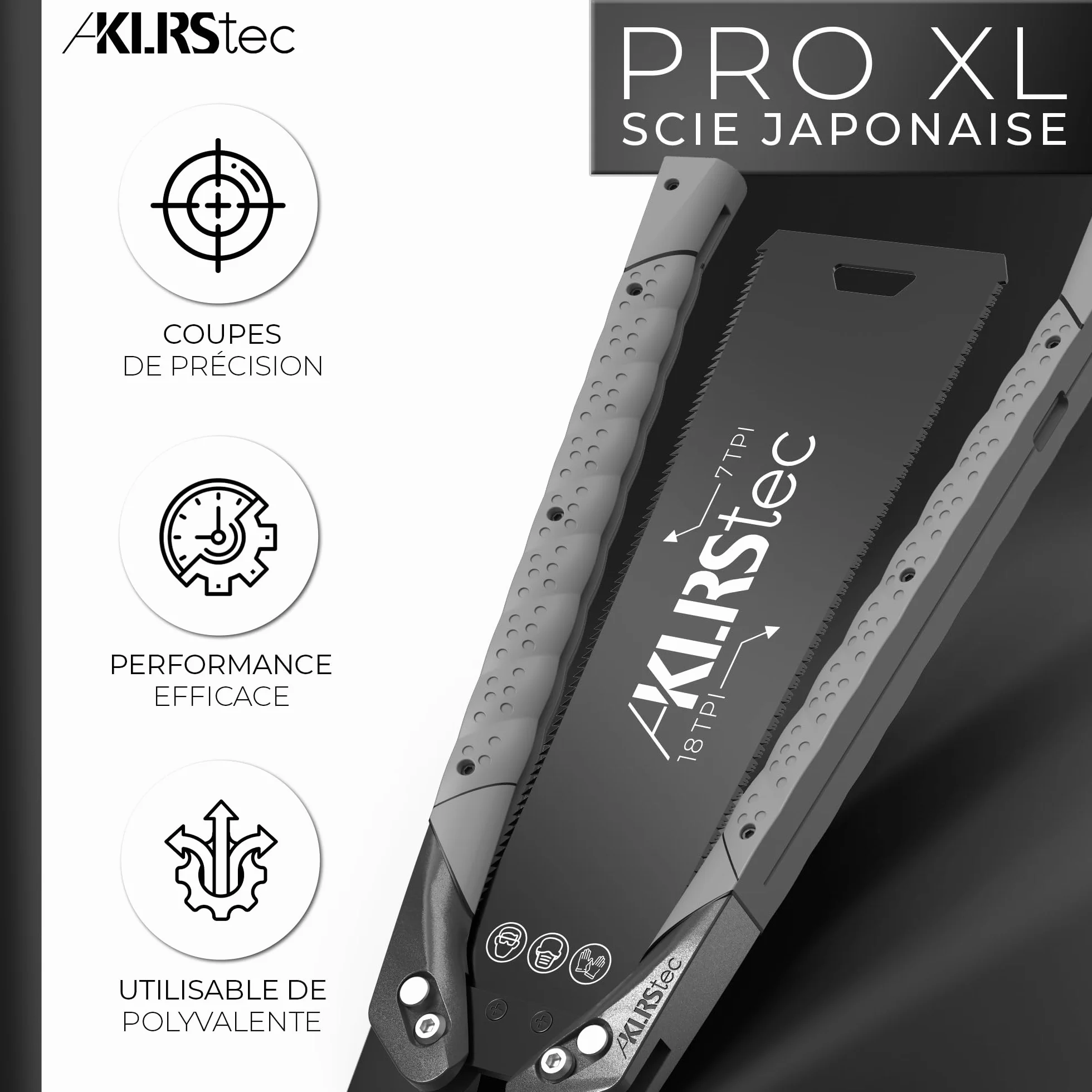 KLRStec Scie japonaise PRO XL - Lame de scie dentelée des deux côtés [240mm] en acier au carbone - Scie de traction pliable avec poignée TPU antidérapante