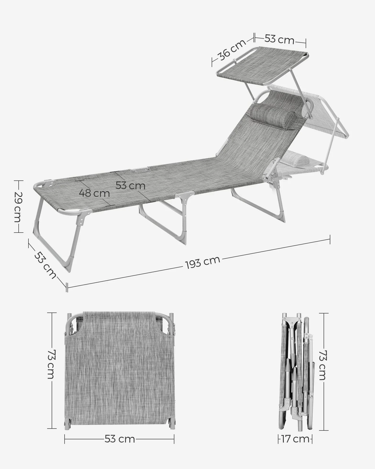 SONGMICS Chaise Longue Pliable 193x53x29 cm 150 kg avec Pare-soleil Appuie-Tête Dossier Réglable GCB19T