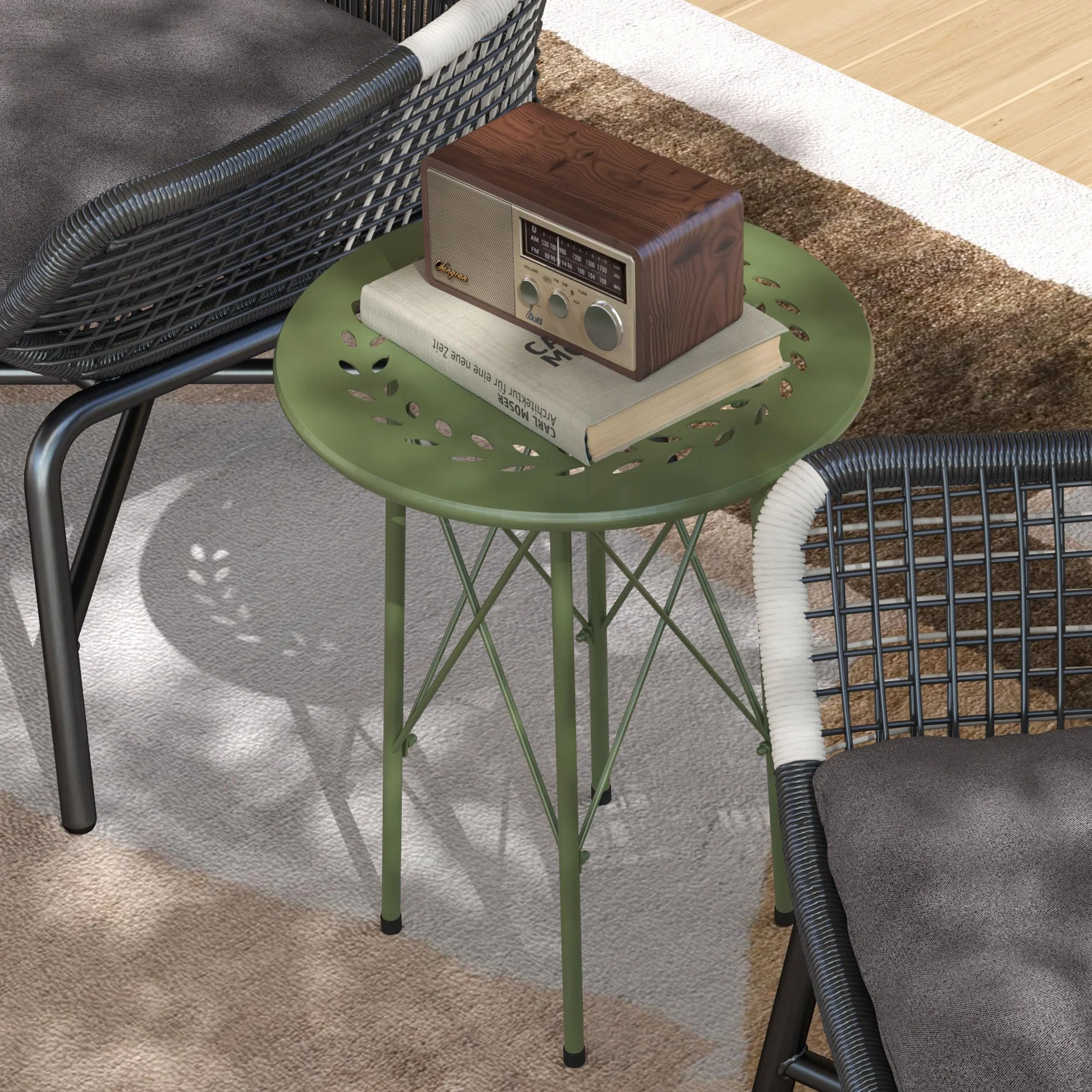 Outsunny Petite Table d'appoint Ronde de Jardin en Acier Vert avec découpe Fleur Feuilles
