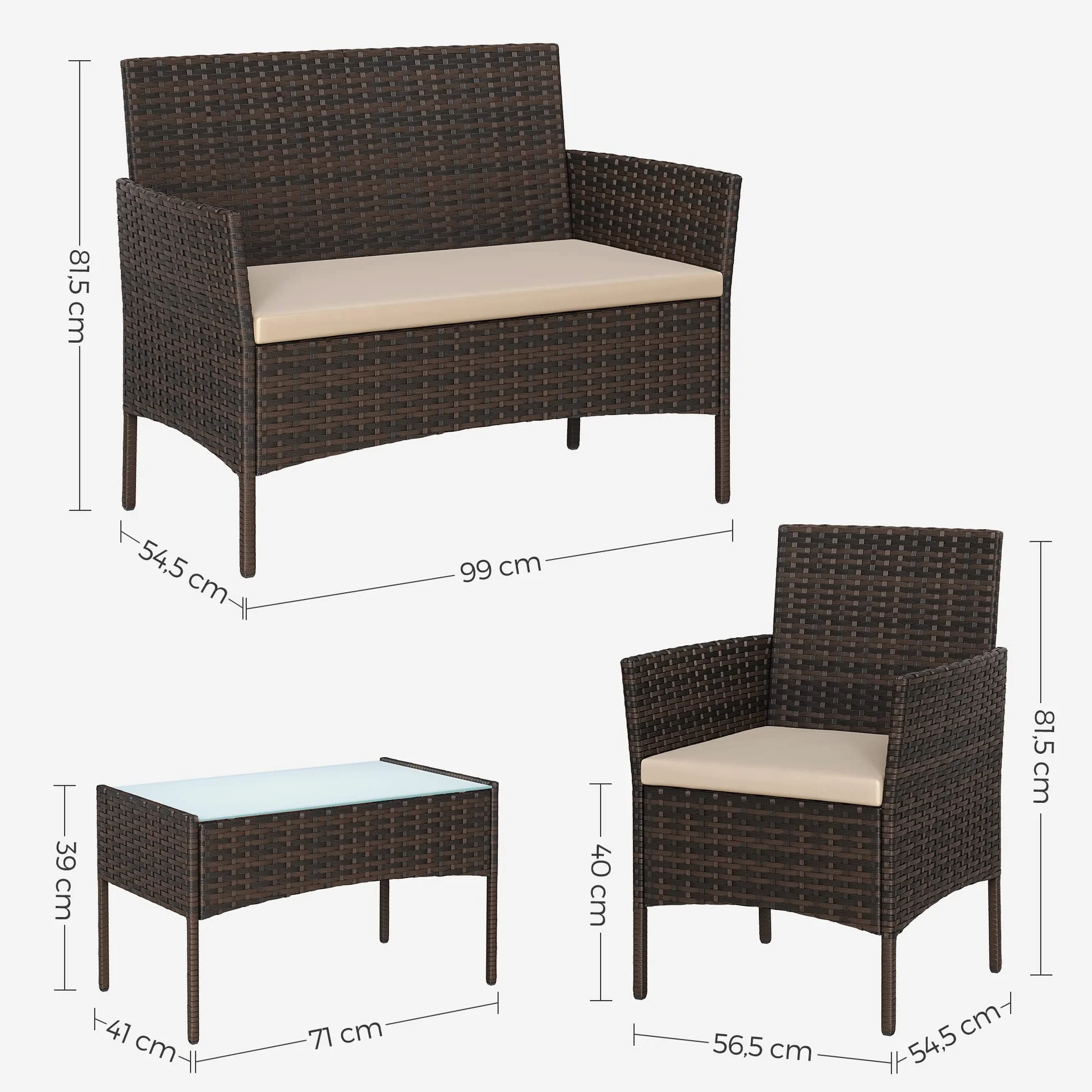 SONGMICS Salon de Jardin Extérieur 4 Places Résine Tressée PE, Table + 2 Fauteuils + Banquette 2 Places, Marron et Taupe
