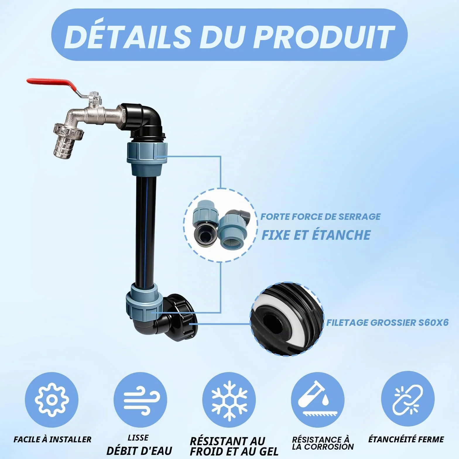 Robinet à col de Cygne IBC 3/4, Adaptateur Raccord Cuve 1000 litres, Kit de Vidange pour Réservoir d'eau de Pluie