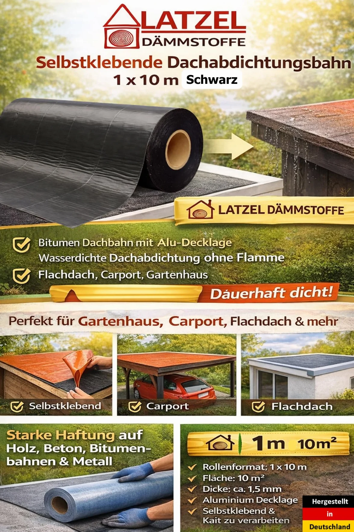 Membrane d'étanchéité en bitume élastomère avec revêtement aluminium coloré 10 m2. Format autocollant 1 x 10 m de peinture au noir de coleur