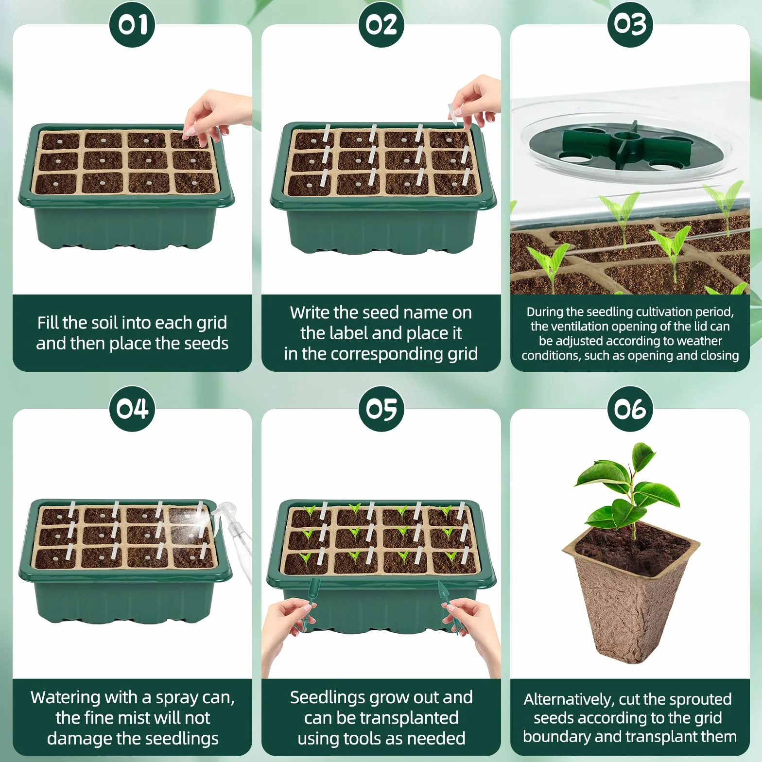 Mini Serre pour Plantes, 10 Pièces 120 Cellules Plaque Semis, Pots de Pépinière Biodégradables, avec Dôme de Ventilation, Vert
