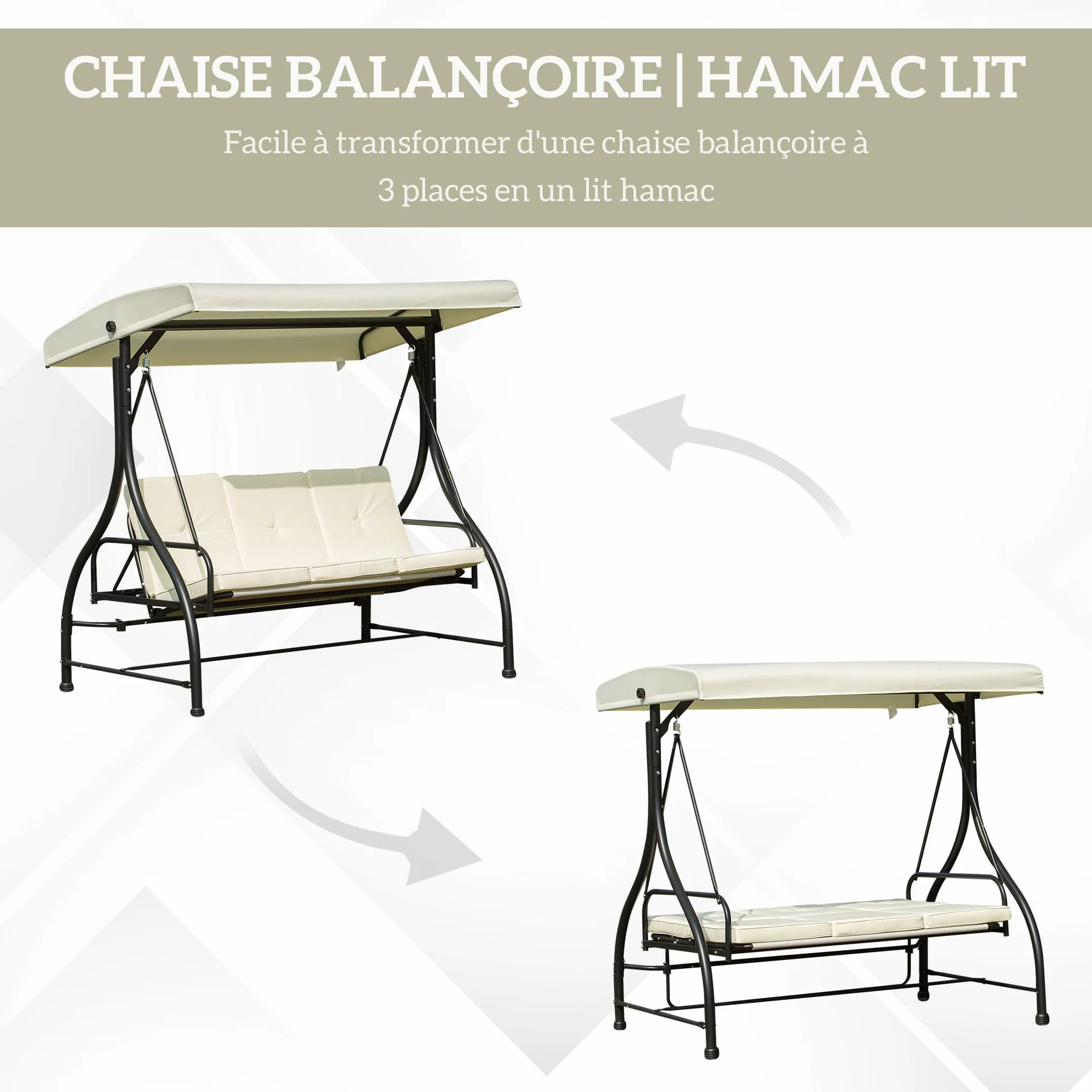 Outsunny Balancelle de Jardin 3 Places Convertible Toit réglable Matelas 8 cm 1,95L x 1,17l x 1,75H m métal époxy Noir crème