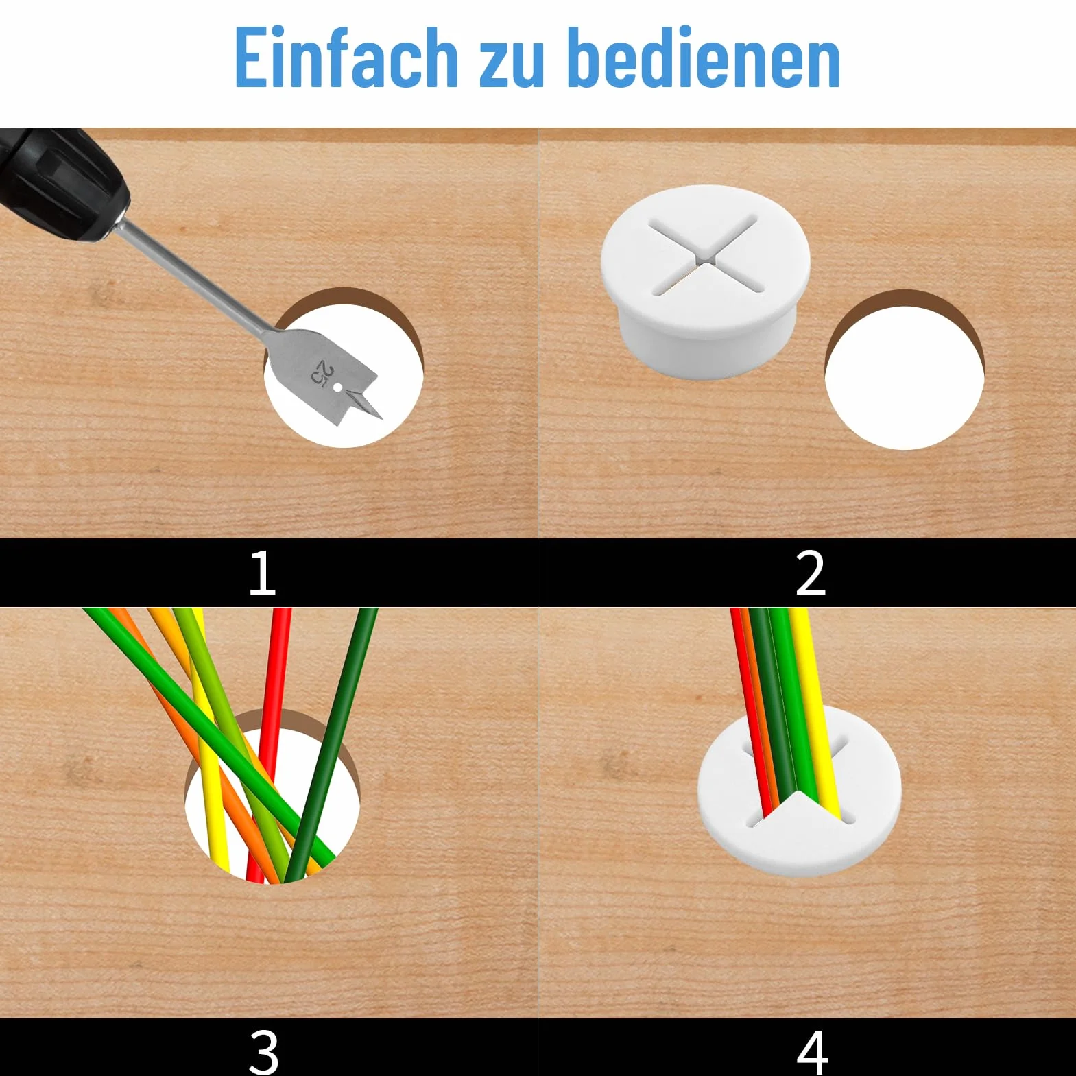 Lot de 12 passe-câbles en silicone de 25 mm avec 1 foret - Pour bureau, école, ordinateur, bureau - Blanc