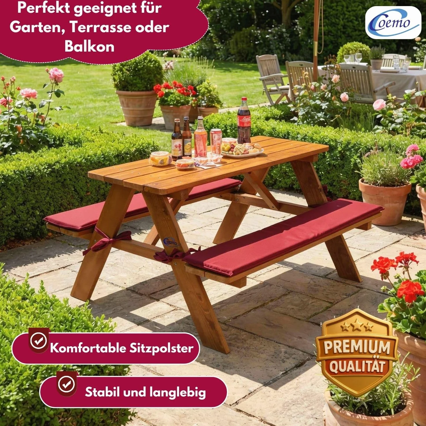 Coemo Salon de jardin stable pour enfant avec rembourrage Table de pique-nique en bois