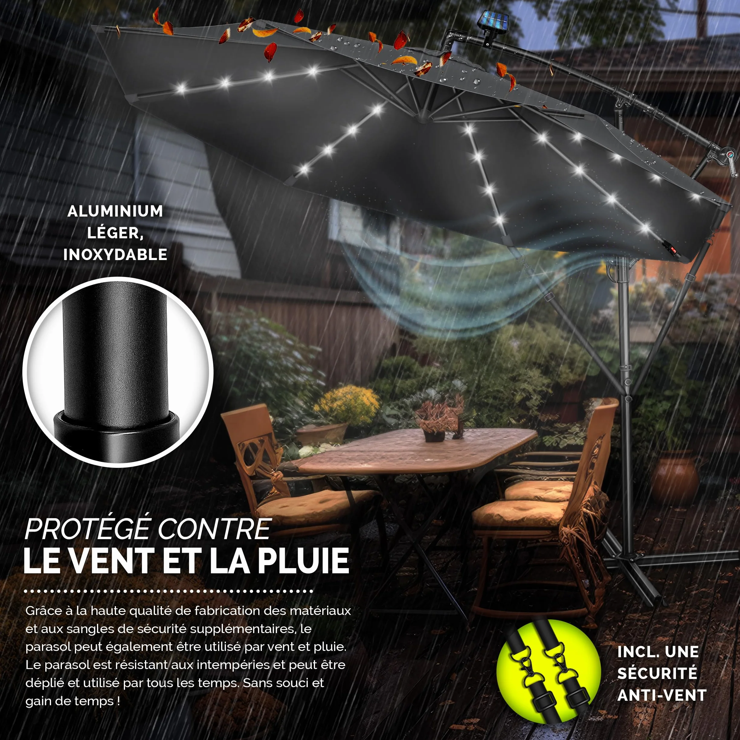 Parasol déporté LED solaire hexagonale 3M avec manivelle Protection UV en aluminium pour jardin
