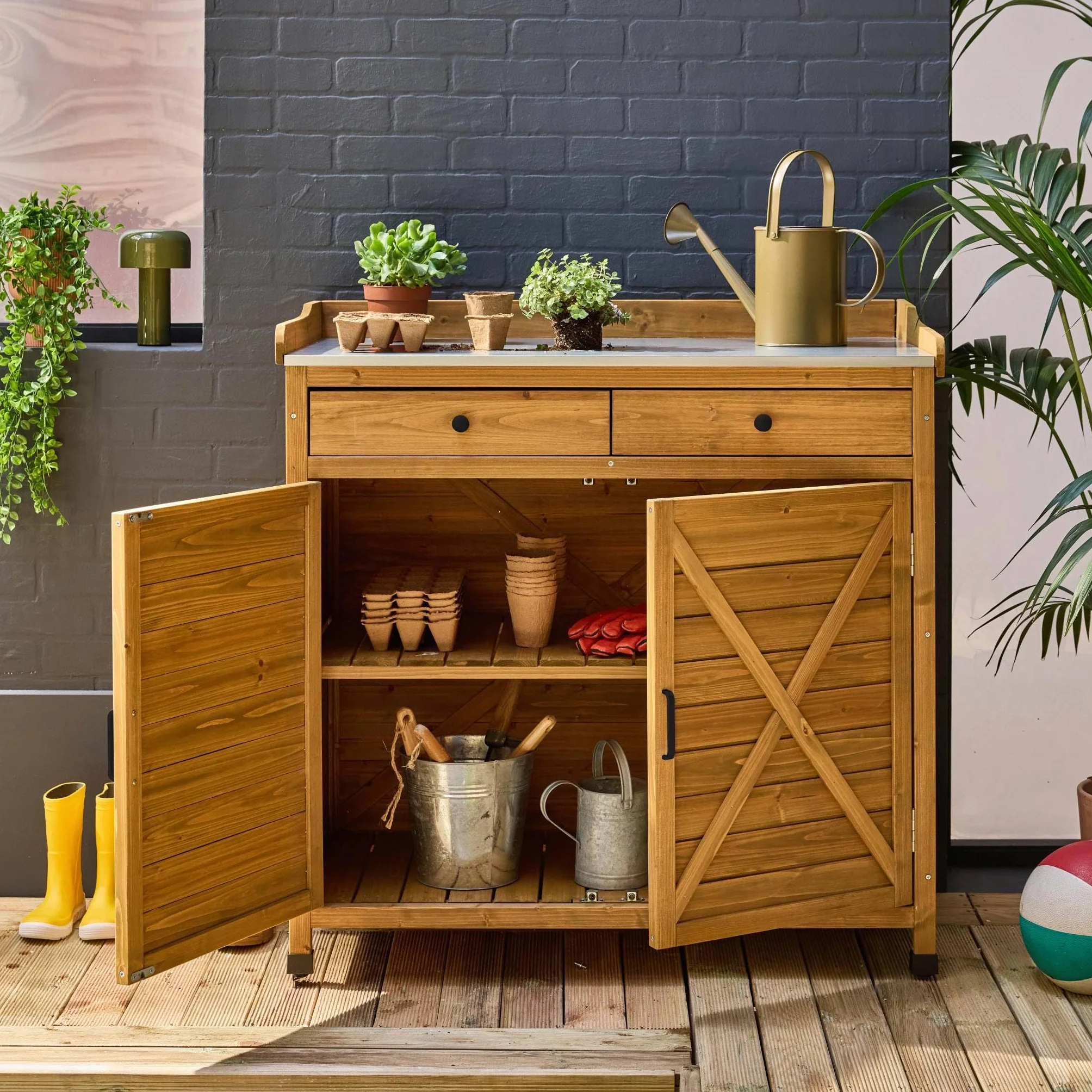 Sweeek Meuble de Rangement Table de Repiquage Bois 2 Portes 2 Tiroirs 102 x 52.8 x 103.5 cm