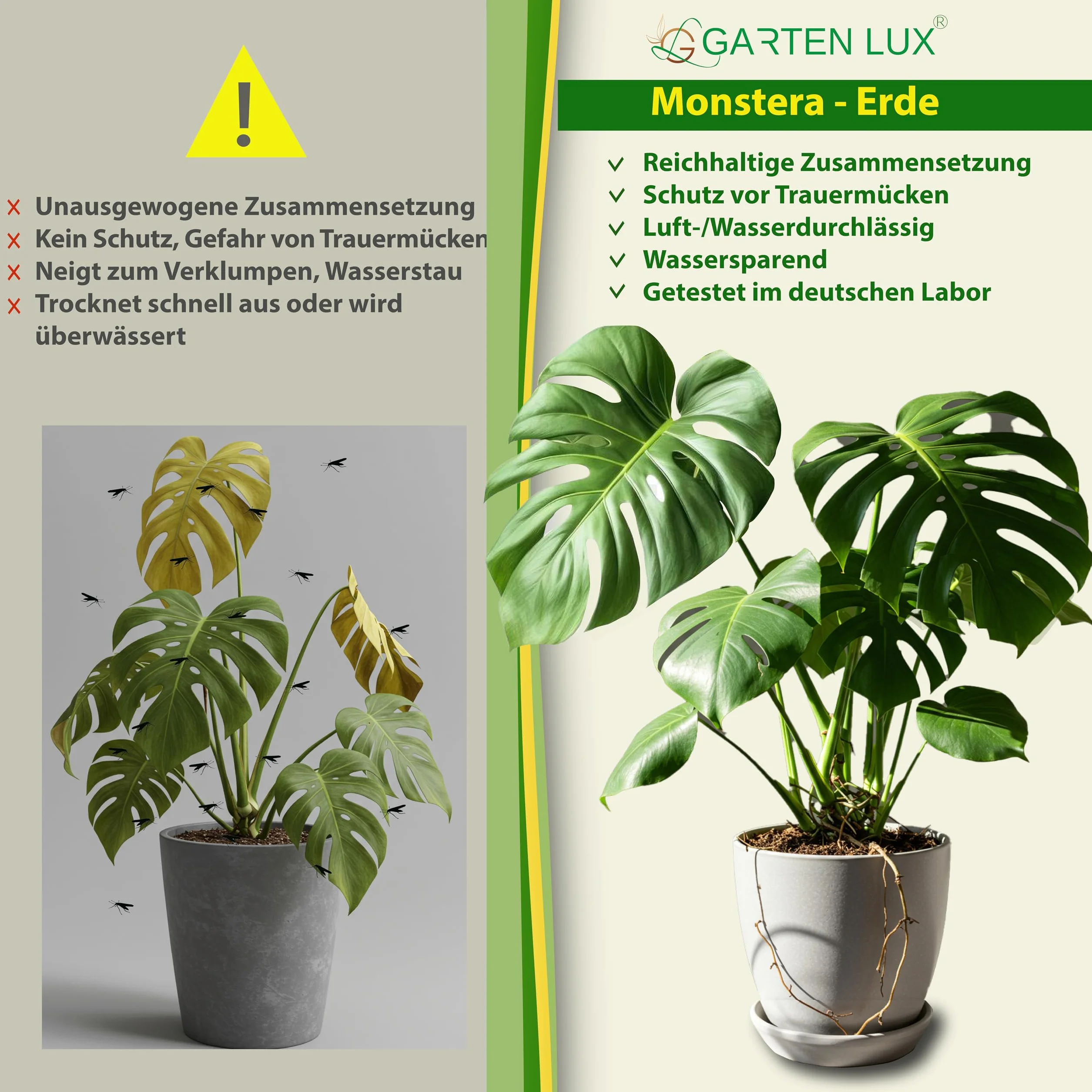 Monstera Terreau sans tourbe 6 en 1 contre les sciarides - Substrat aroïde - Terreau de coco, perlite, écorce de pin, biohumus, charbon de jardin