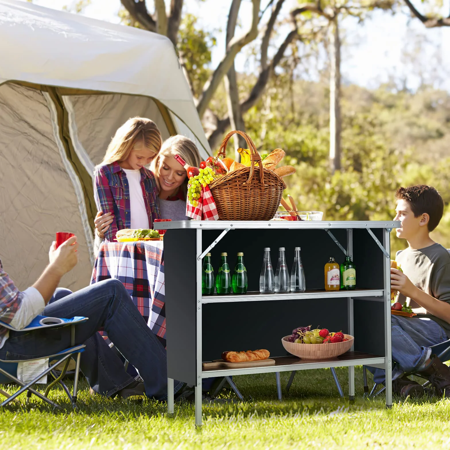 Table de Camping Pliante Aluminium KOMFOTTEU avec Sac Rangement 3 Niveaux Brun