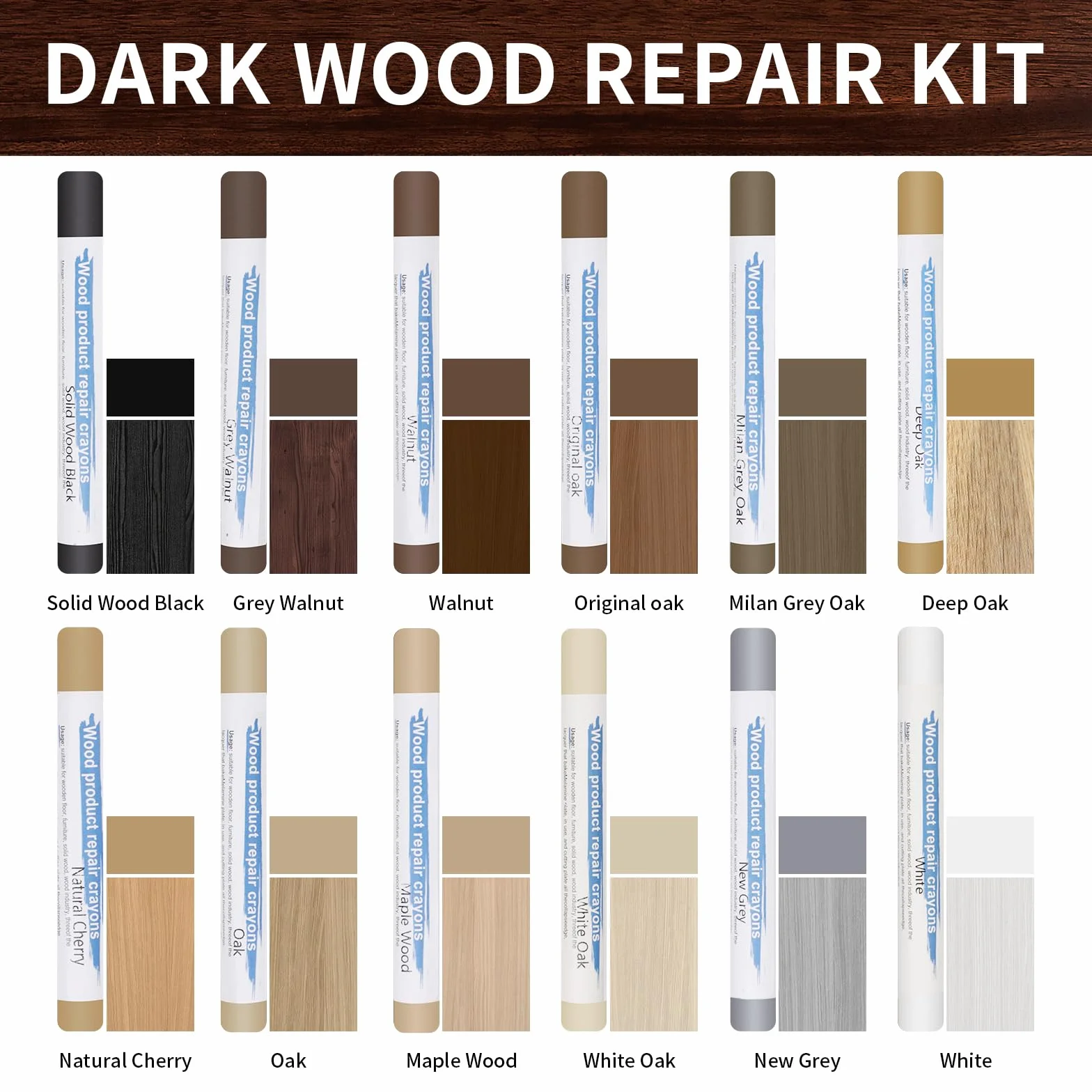Kit Réparation Parquet 12 Couleurs, Mastic Bois, Pate a Bois Rebouchage, Kit Reparation Carrelage pour Stratifié, Bois, PVC, Carrelage, Meubles