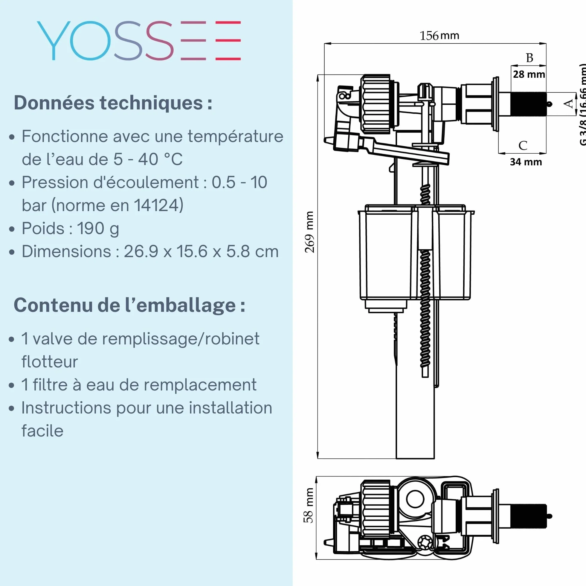 YOSSEE Robinet Flotteur WC Universelle Mecanisme Chasse d'eau WC [INCLUS Filtre + Notice] - Fabriqué dans l'UE - Garantie 5 ans - Mécanisme Qualité