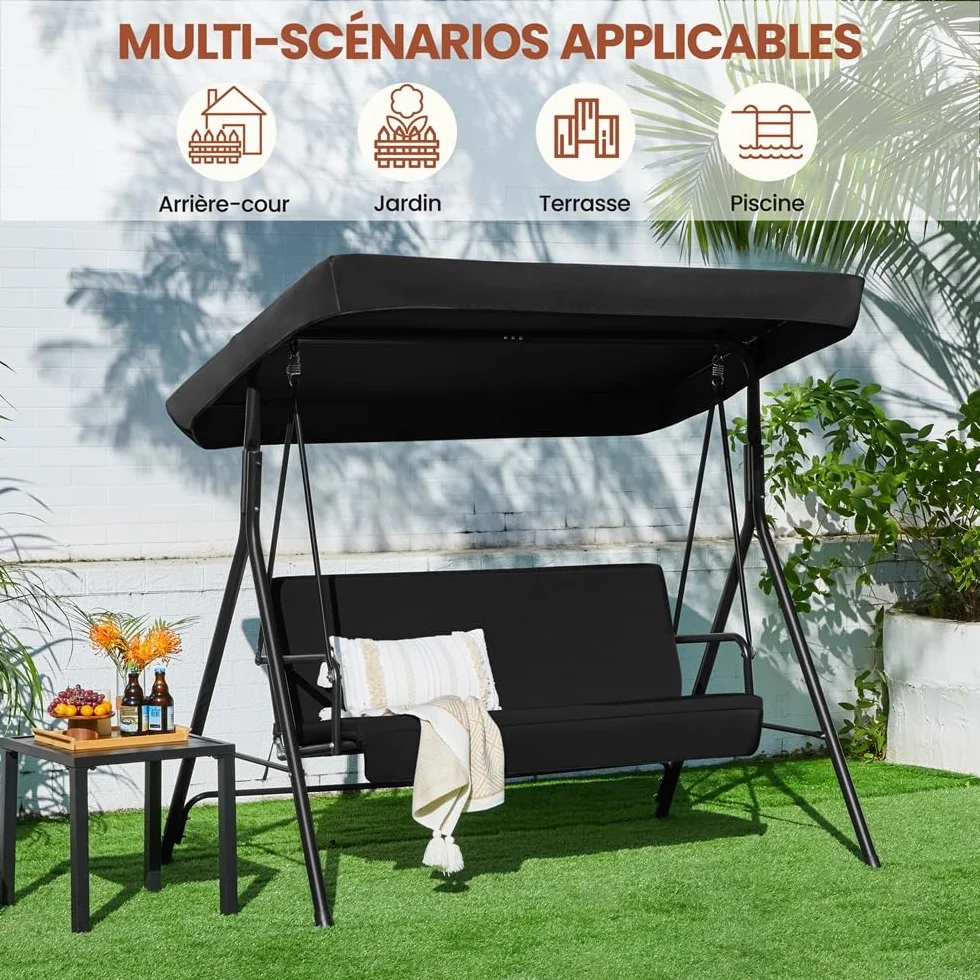 Yaheetech Balancelle de Jardin 3 Places Auvent Ajustable Coussins Amovibles Cadre Métal Noir