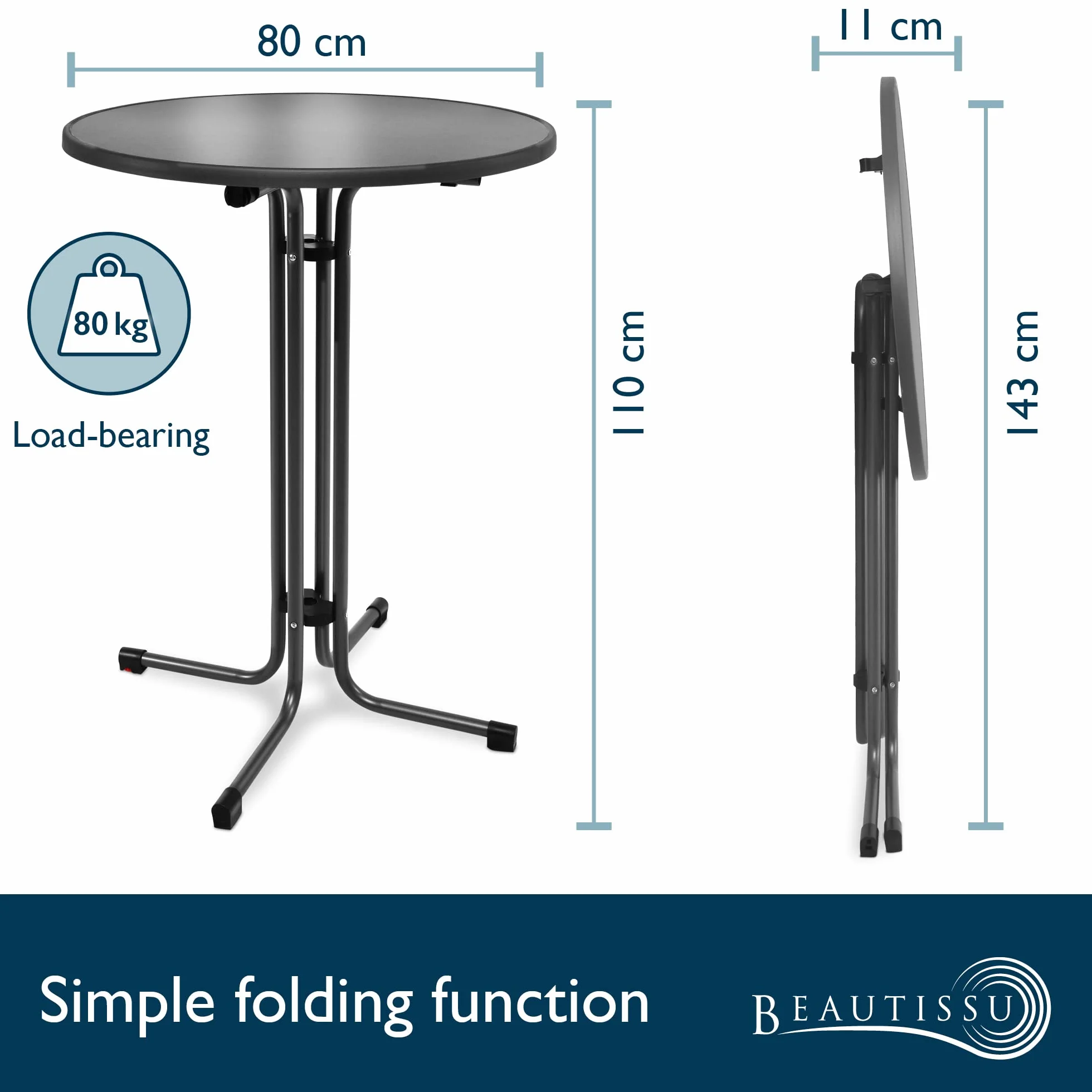 Beautissu Table Haute Pliante Outdoor Ø 80 cm Sylt Bistro Anthracite Ronde Jardin