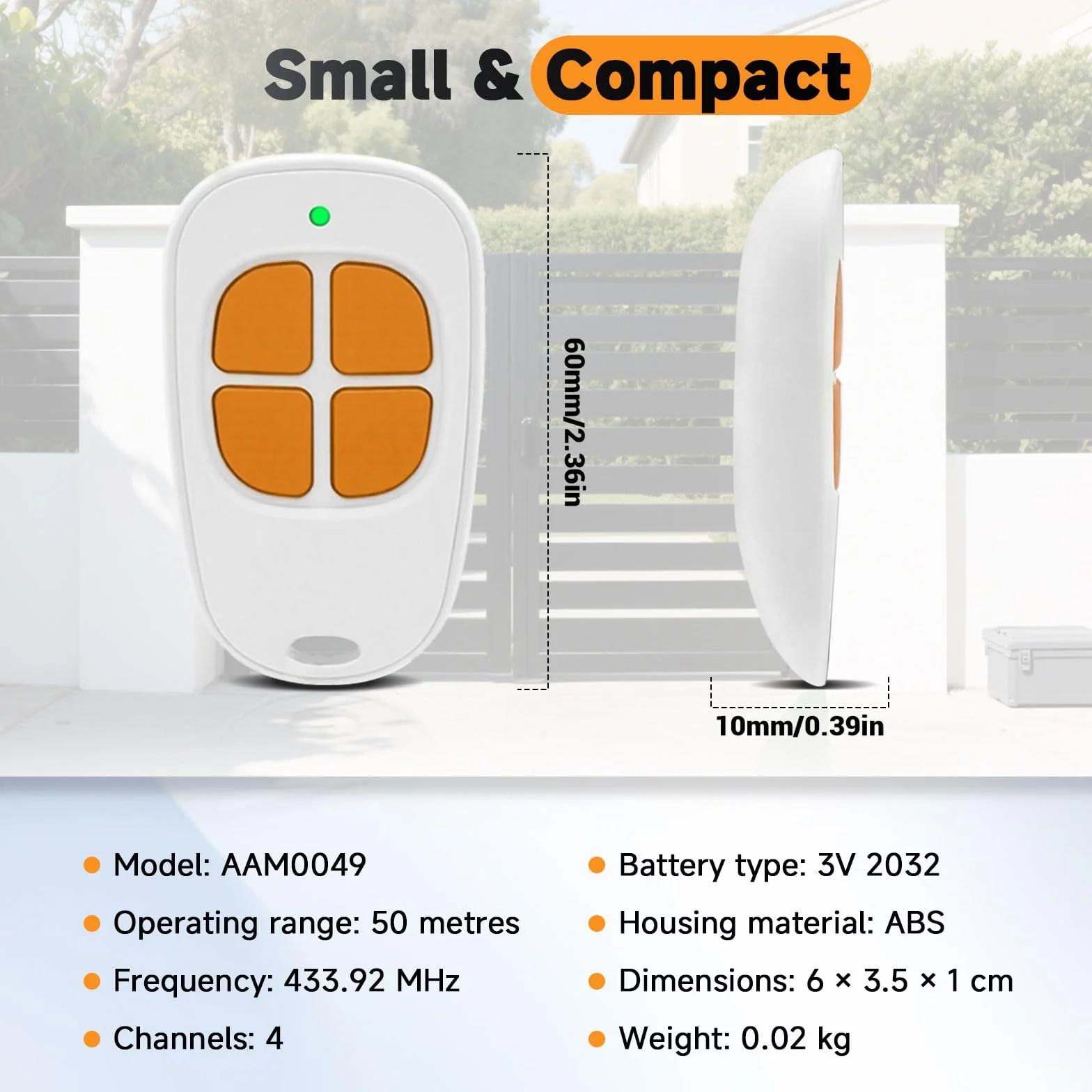 Lot de 2 AAM0094 Télécommande SCS Sentinel, 433.92MHz Télécommande Portail Garage, Compatible SCS Motorisation Portail et Porte de Garage, 4 Canaux (Orange)