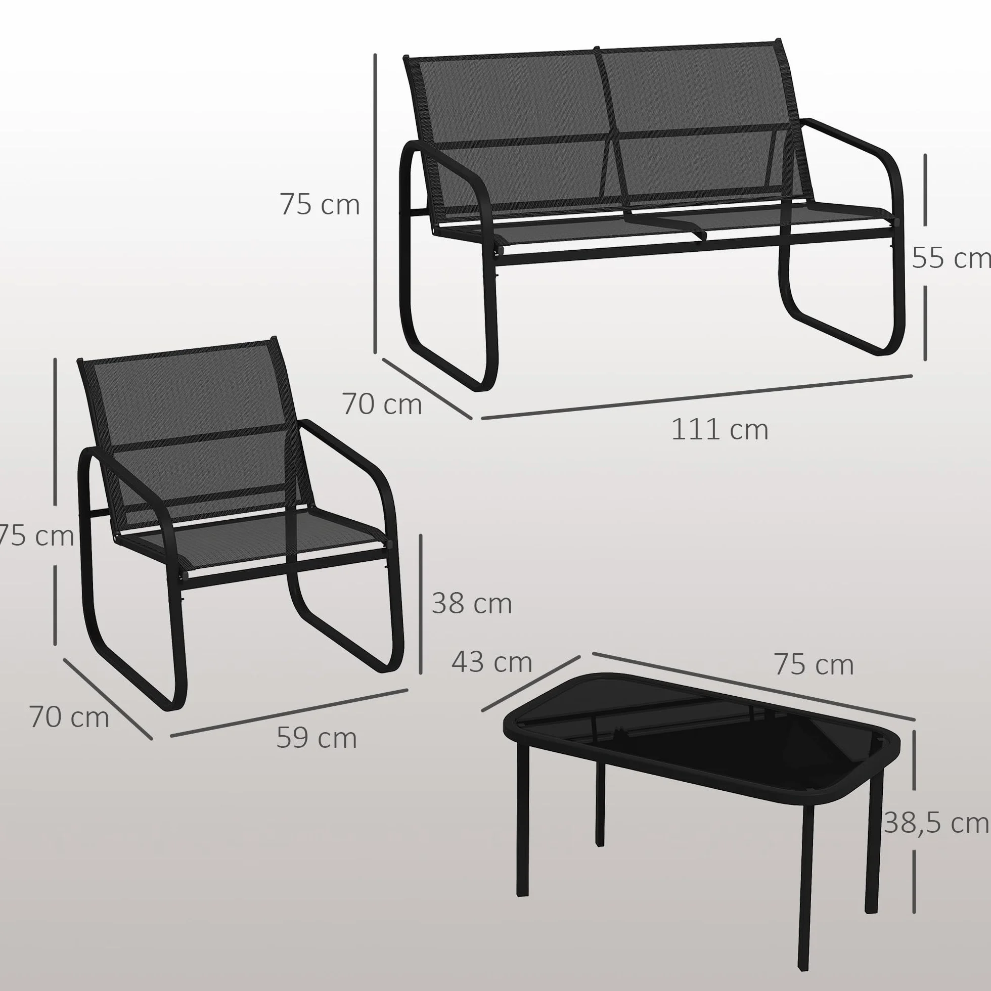 Outsunny Salon de Jardin 5 pièces Acier textilène 2 fauteuils canapés Table Basse Verre trempé Gris
