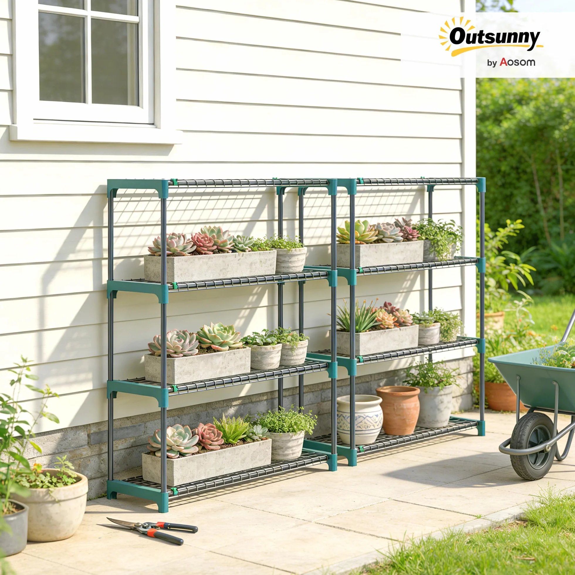 Outsunny Étagères à Plantes 4 Niveaux 90 x 28 x 104 cm Vert Lot de 2 Métal Intérieur Extérieur