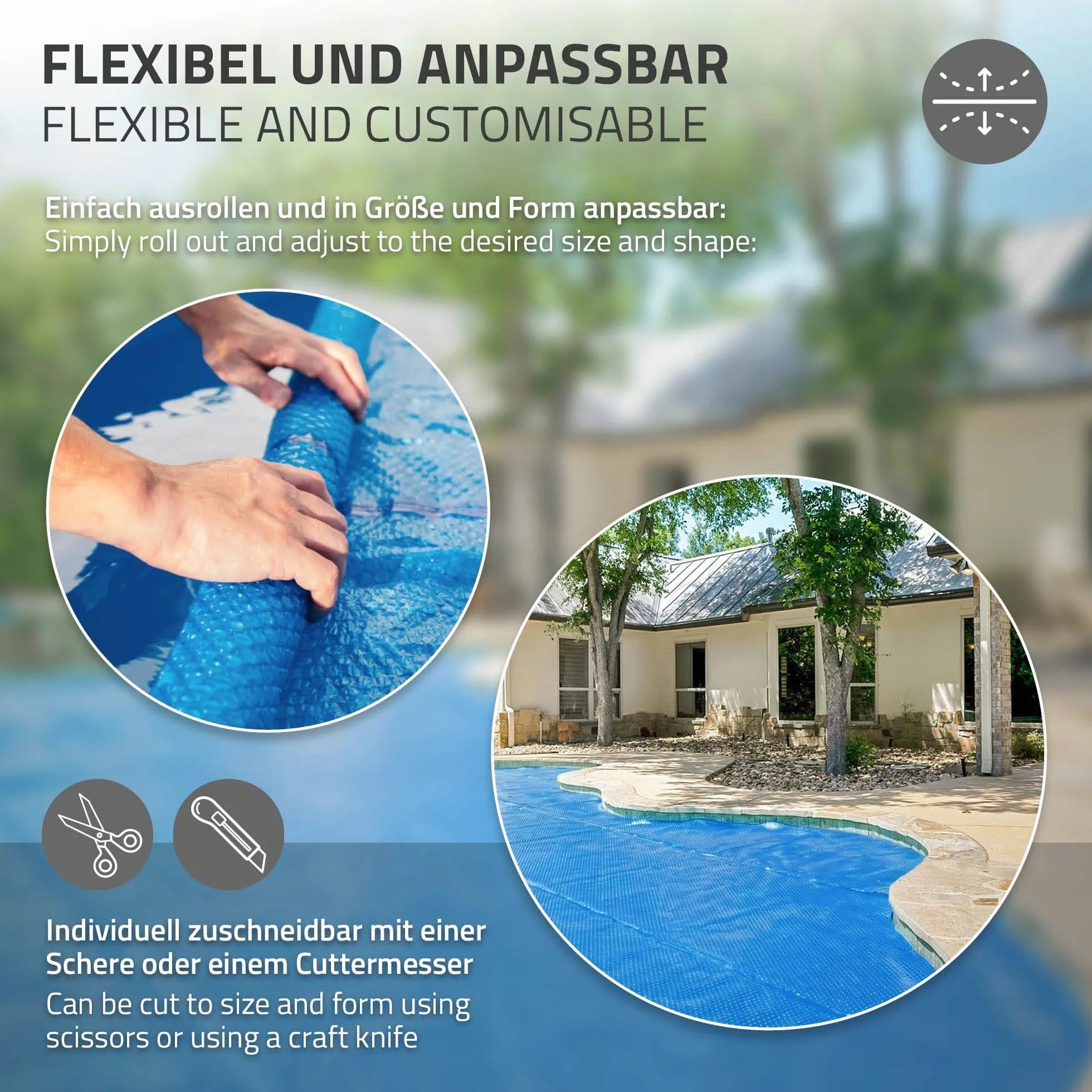 ECD Germany Bâche Solaire de Piscine Ronde Ø 244 cm Bleue, Épaisseur 400µm, Film à Bulles Découpable