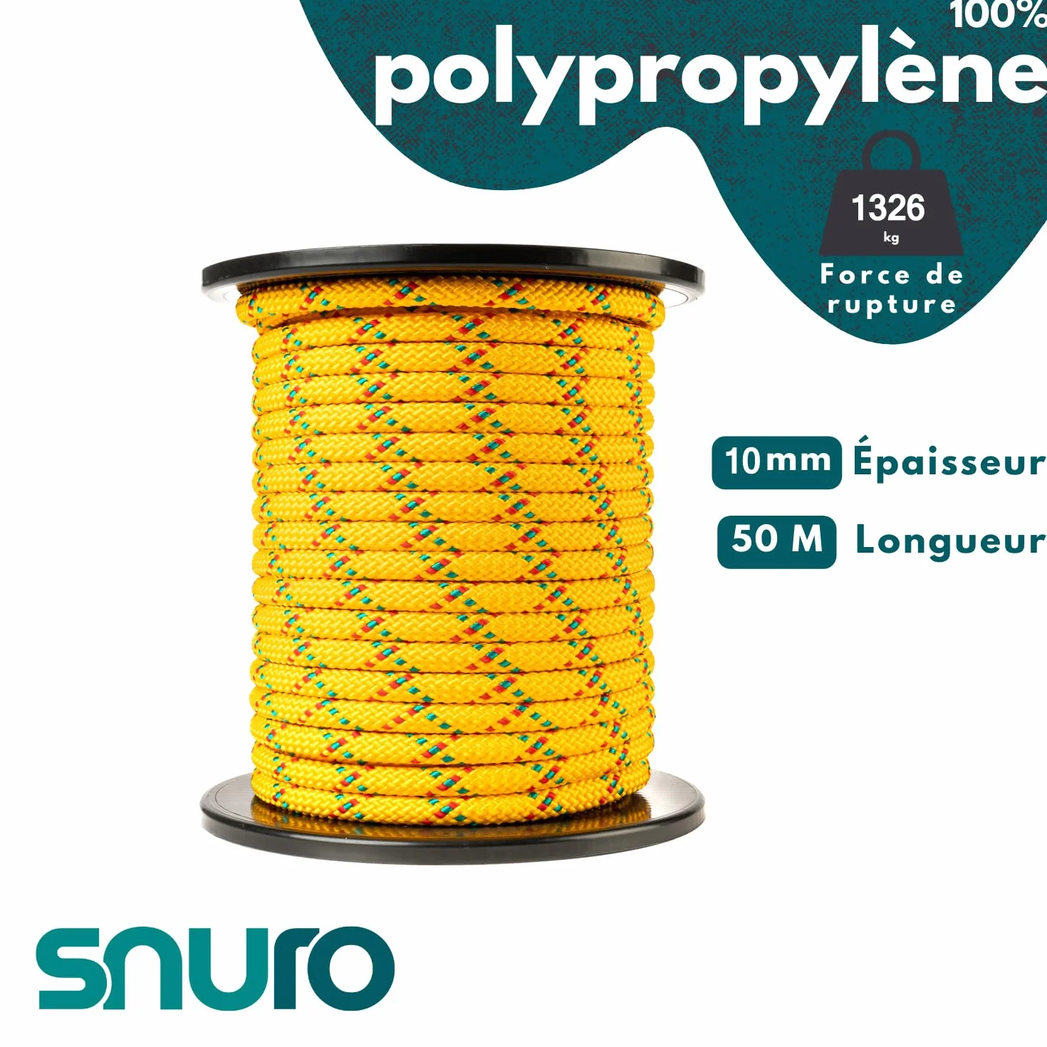 Corde en polypropylène (10mm, 50m, Jaune avec Rouge et Vert) - Corde tressée légère et Polyvalente pour l'extérieur, la Survie et Le Jardin - Pas pour l'escalade! - Charge de Rupture 1326kg