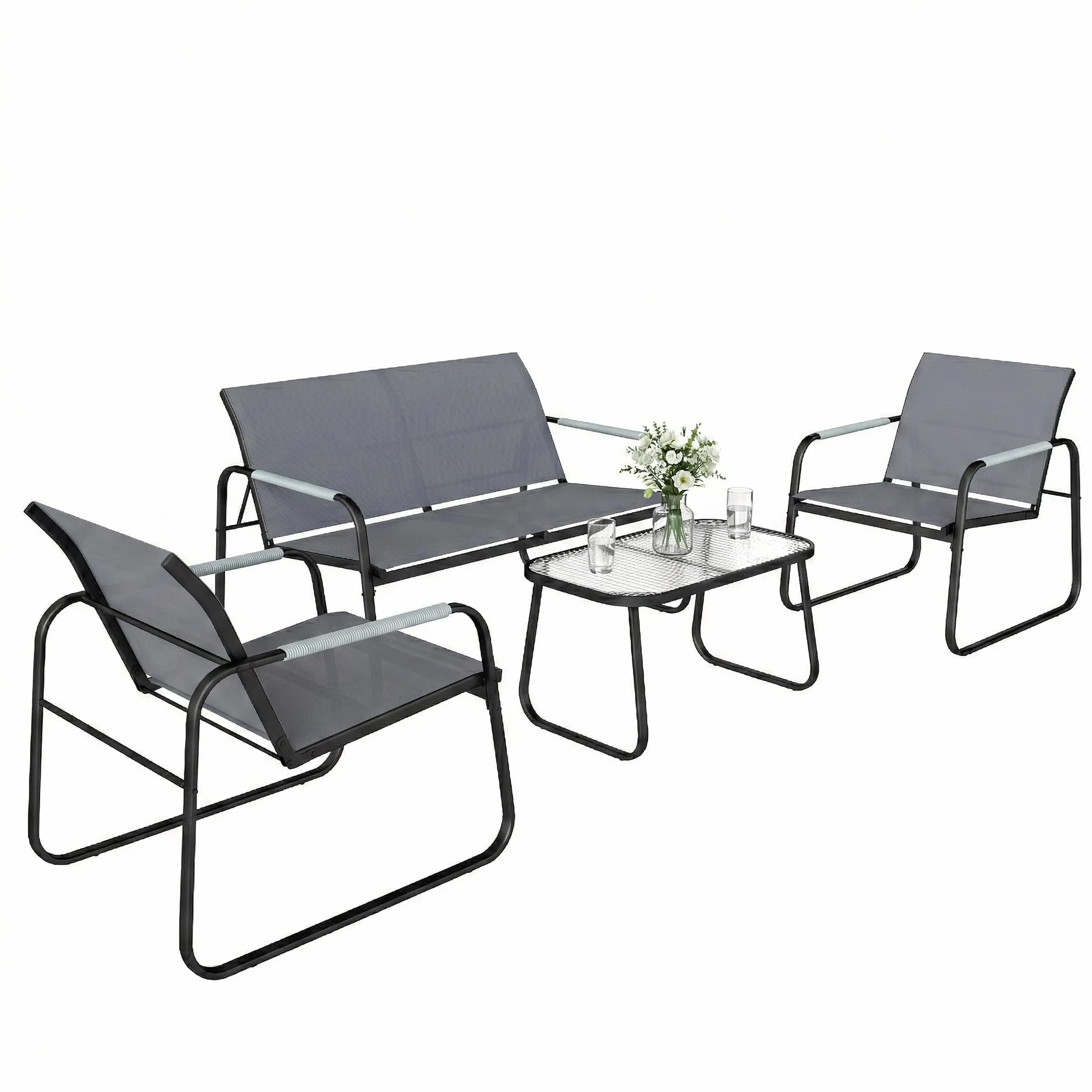 Outsunny Salon de Jardin 4 Pièces Acier Textilène Ensemble Terrasse Accoudoirs Corde Tressée Canapé 2 Places Fauteuils Table Basse Verre Trempé Gris