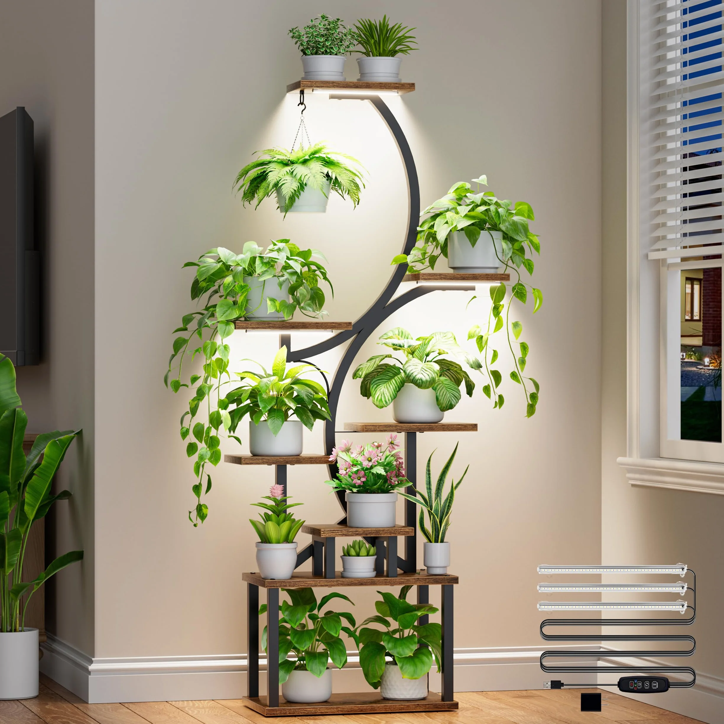 BACEKOLL Support pour plantes d'intérieur avec lampes de croissance, étagère 8 niveaux 157,5 cm métal forme S
