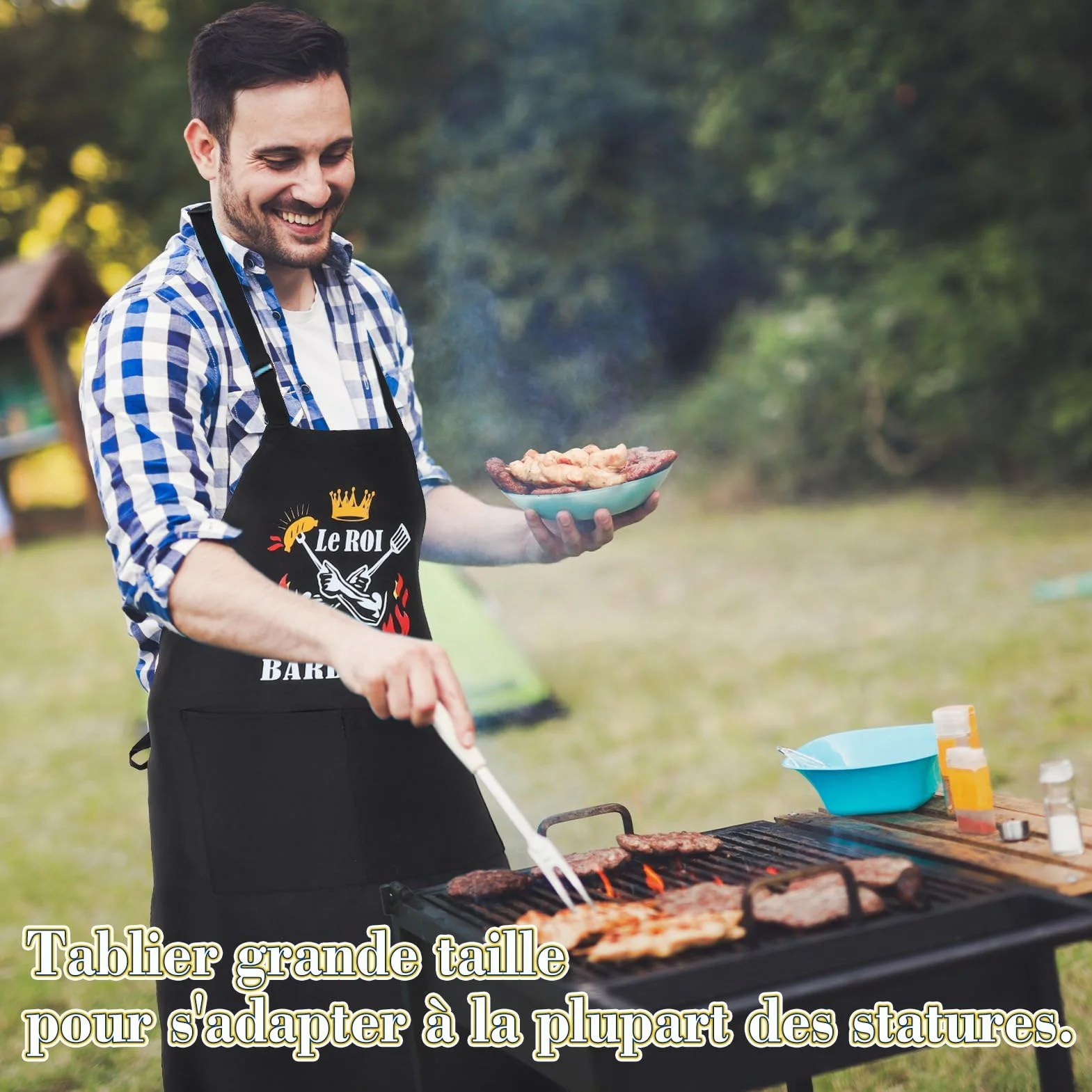 Tablier Barbecue Homme Noir Étanche Réglable pour Cuisine BBQ Fête Pères Anniversaire