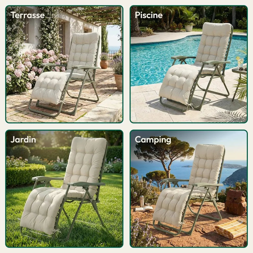 CASABEL Chaise Pliante Zéro Gravité Fauteuil Extérieur Inclinable Acier Anti-Rouille Toile Textilene Vert Sauge Coussin