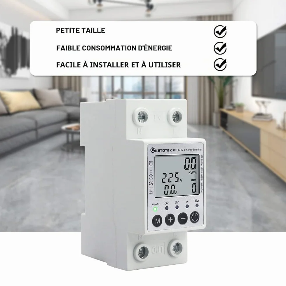 KETOTEK Compteur électrique Monophasé AC 63A 220V Compteur D'énergie Numérique Rail DIN Mesure Consommation Electrique 1 Phasé KWh Voltmètre Ampèremètre