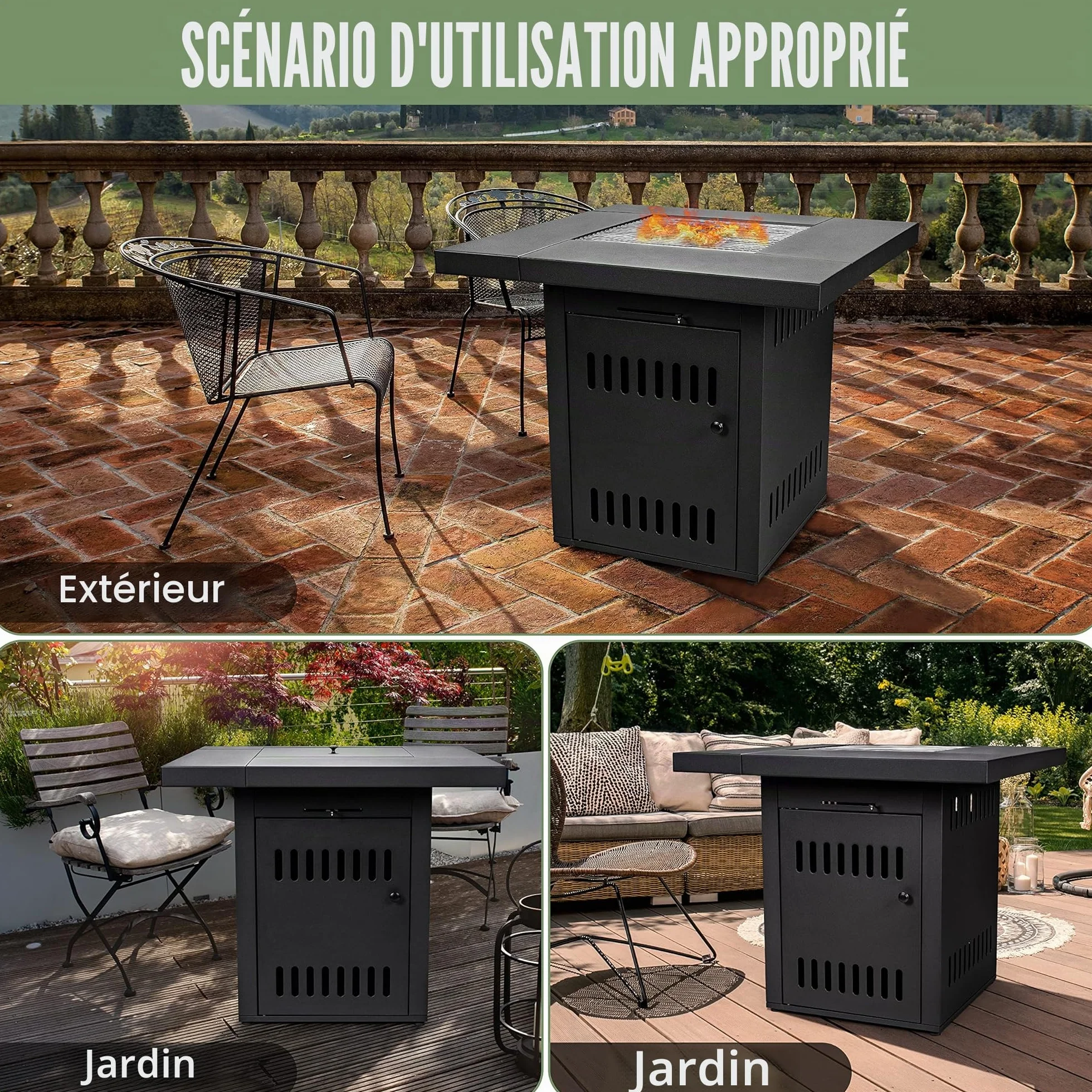 Ambiente Cube Kohle Table à feu Charbon de Bois Briquettes Grille Barbecue Transformable Table Jardin Plateau Complet
