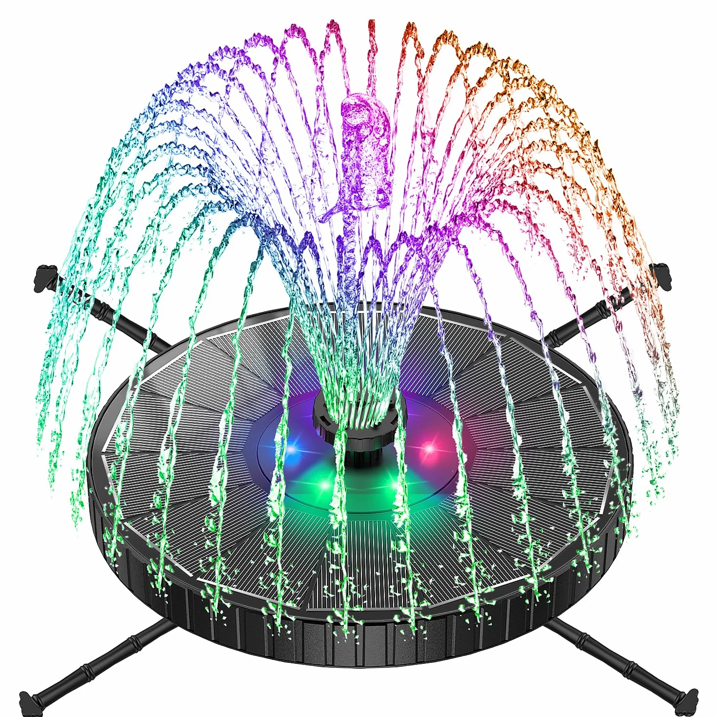 Fontaine Solaire LED Colorée 3.5W Extérieur Flottante Pompe Bassin Solaire 3 Modes Réglage Hauteur d’Eau 2000mAh Batterie avec 7 Buses&Barres Rotatives Jardin Noir