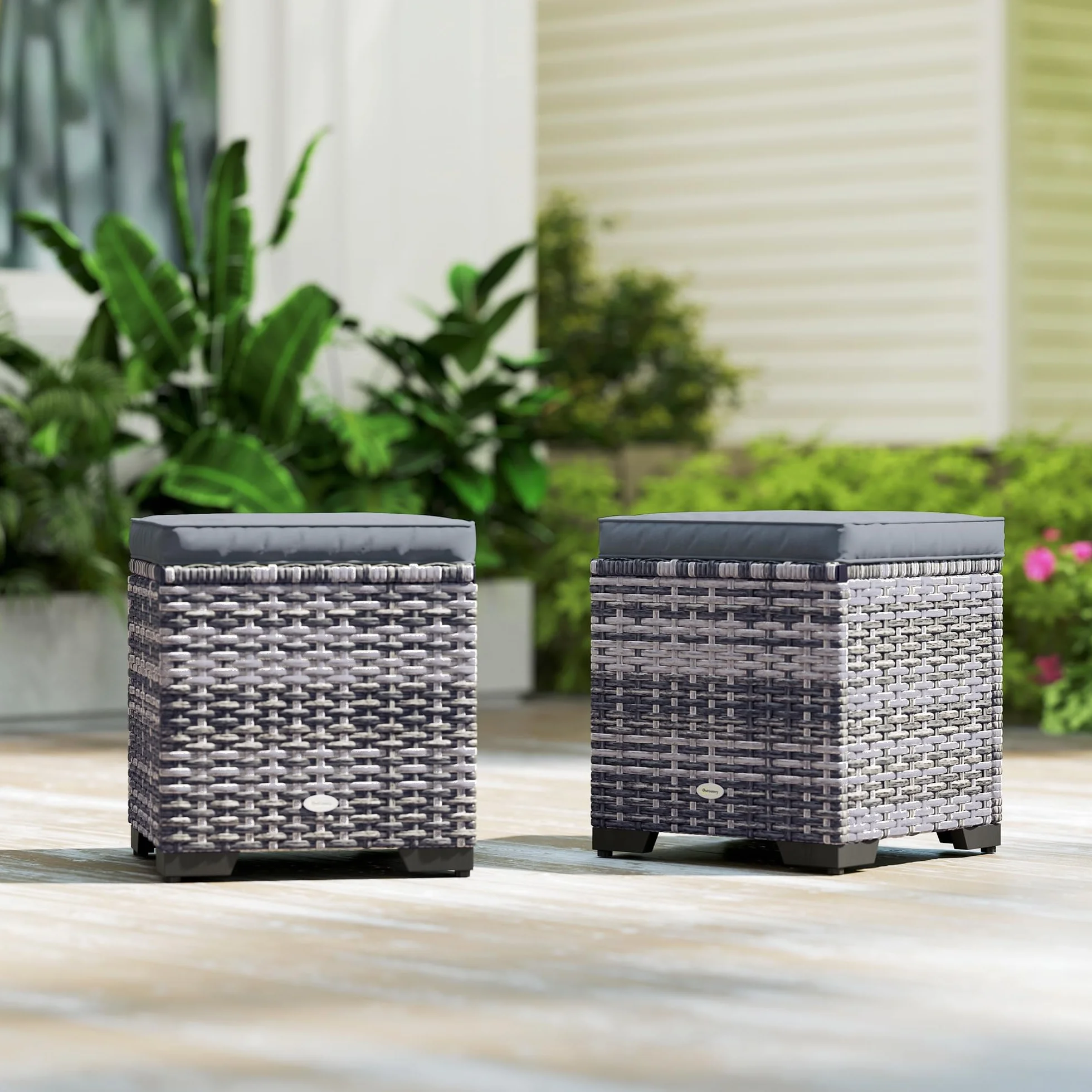 Outsunny Lot de 2 poufs de rangement en rotin avec coussins amovibles - Gris foncé